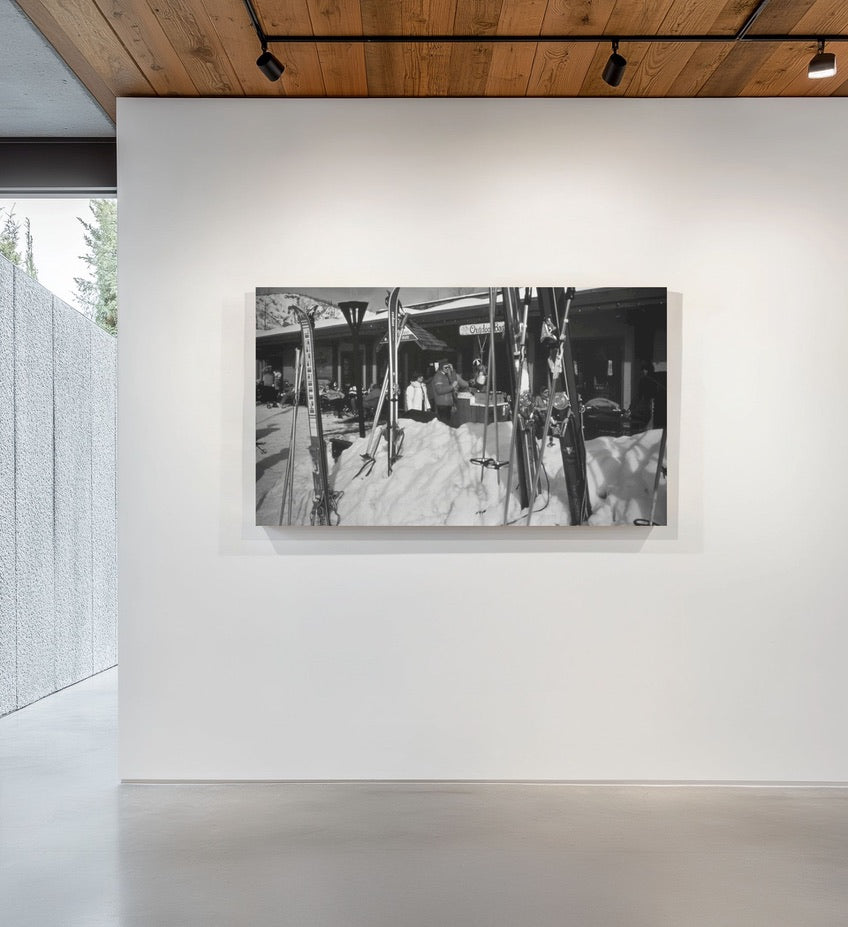 Vintage Aspen Ski Lodge Print – 1970s Colorado Ski Culture Photo – Black & White Winter Resort Wall Art – Rustic Cabin Decor