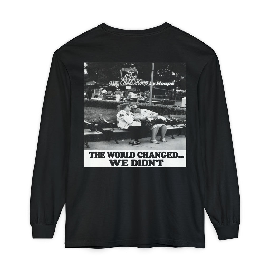 Nostalgic Americana Old Woman Sitting on Bench Long Sleeve T-Shirt | Retro Humor