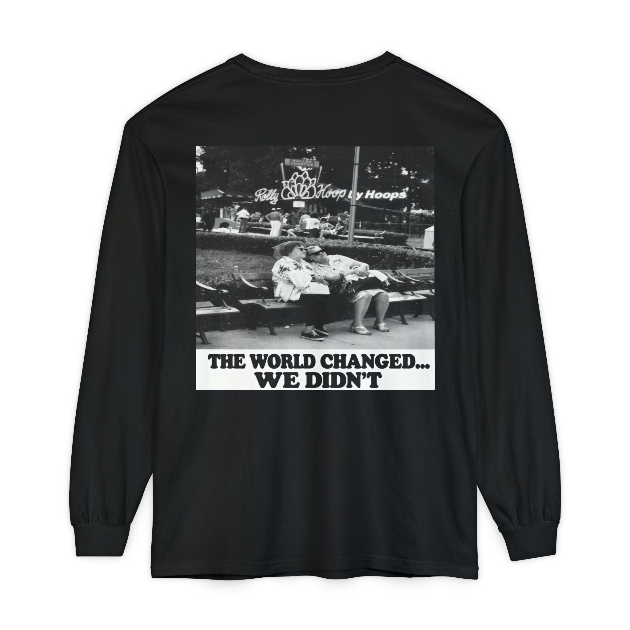 Nostalgic Americana Old Woman Sitting on Bench Long Sleeve T-Shirt | Retro Humor