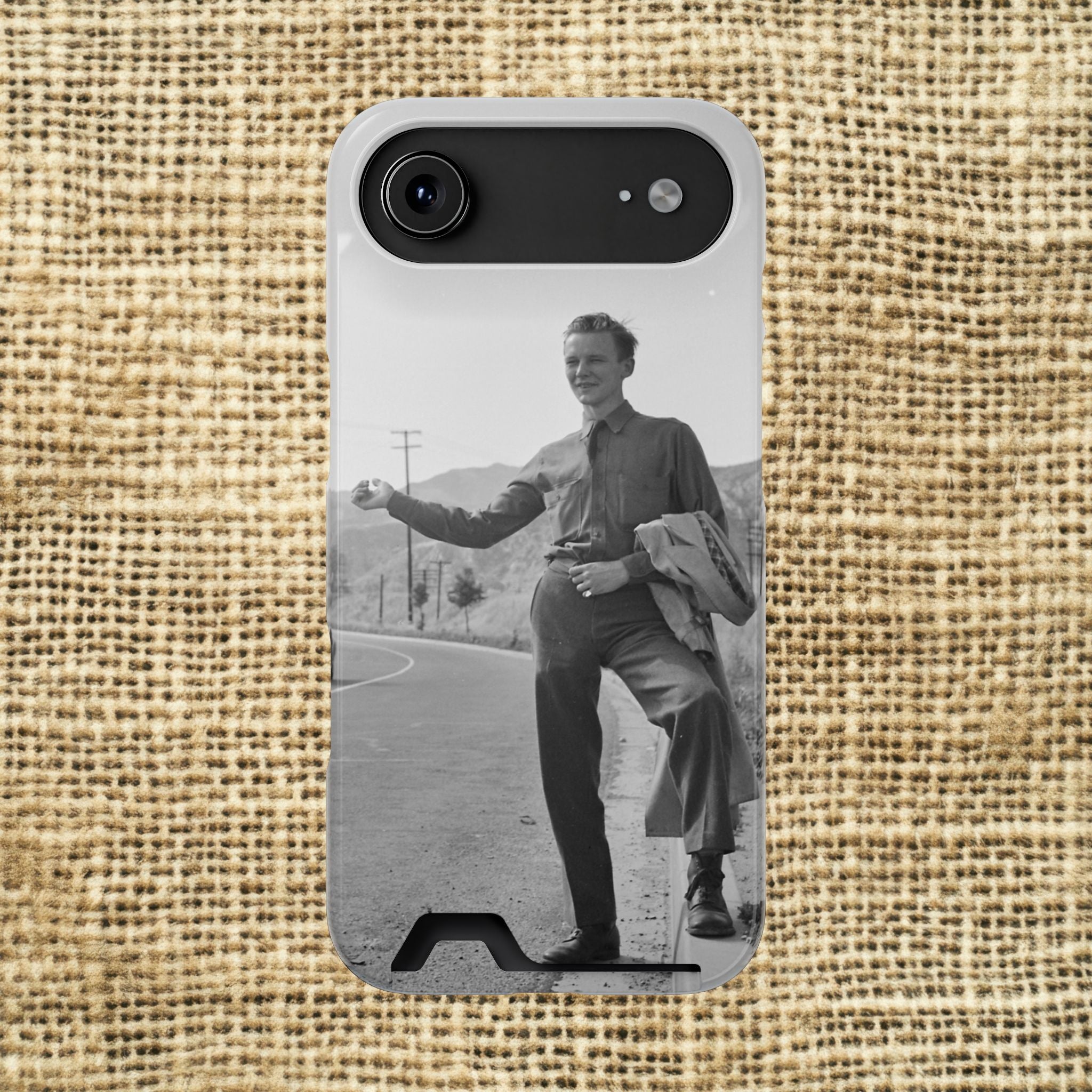Vintage Hitchhiker Photo Phone Case with Card Holder | Retro Black and White Monochrome photo | masculine case for phone | gift for artist