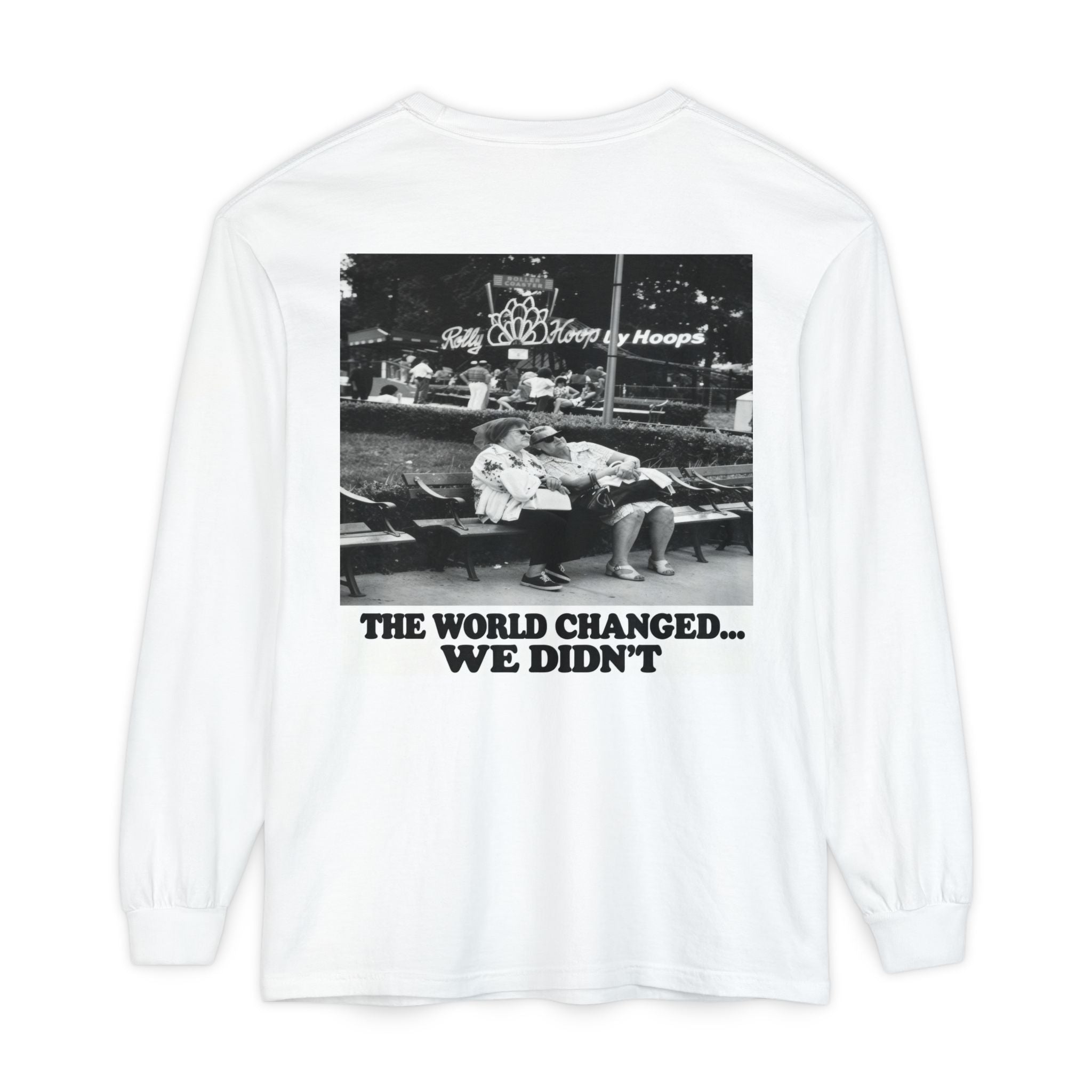 Nostalgic Americana Old Woman Sitting on Bench Long Sleeve T-Shirt | Retro Humor