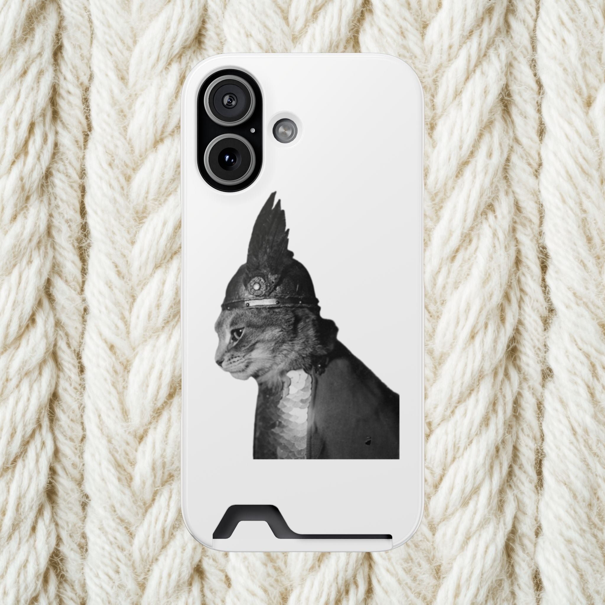 Monochrome Steampunk Cat Portrait Phone Case with Card Holder | Retro Mechanical Feline | cat gladiator helmet | cat mom dad | minimalism