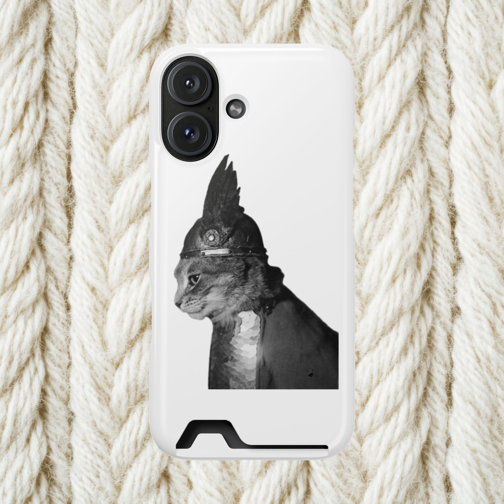 Monochrome Steampunk Cat Portrait Phone Case with Card Holder | Retro Mechanical Feline | cat gladiator helmet | cat mom dad | minimalism
