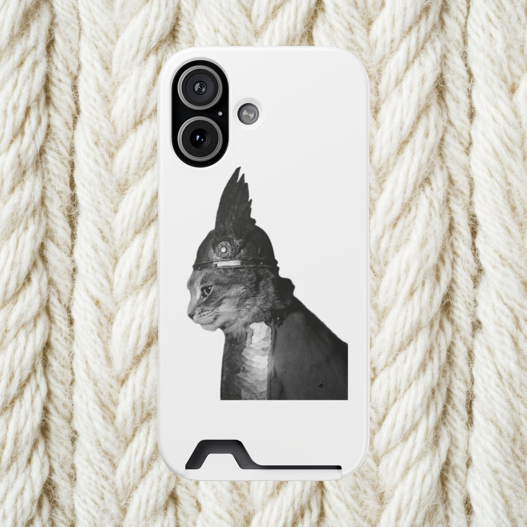 Monochrome Steampunk Cat Portrait Phone Case with Card Holder | Retro Mechanical Feline | cat gladiator helmet | cat mom dad | minimalism