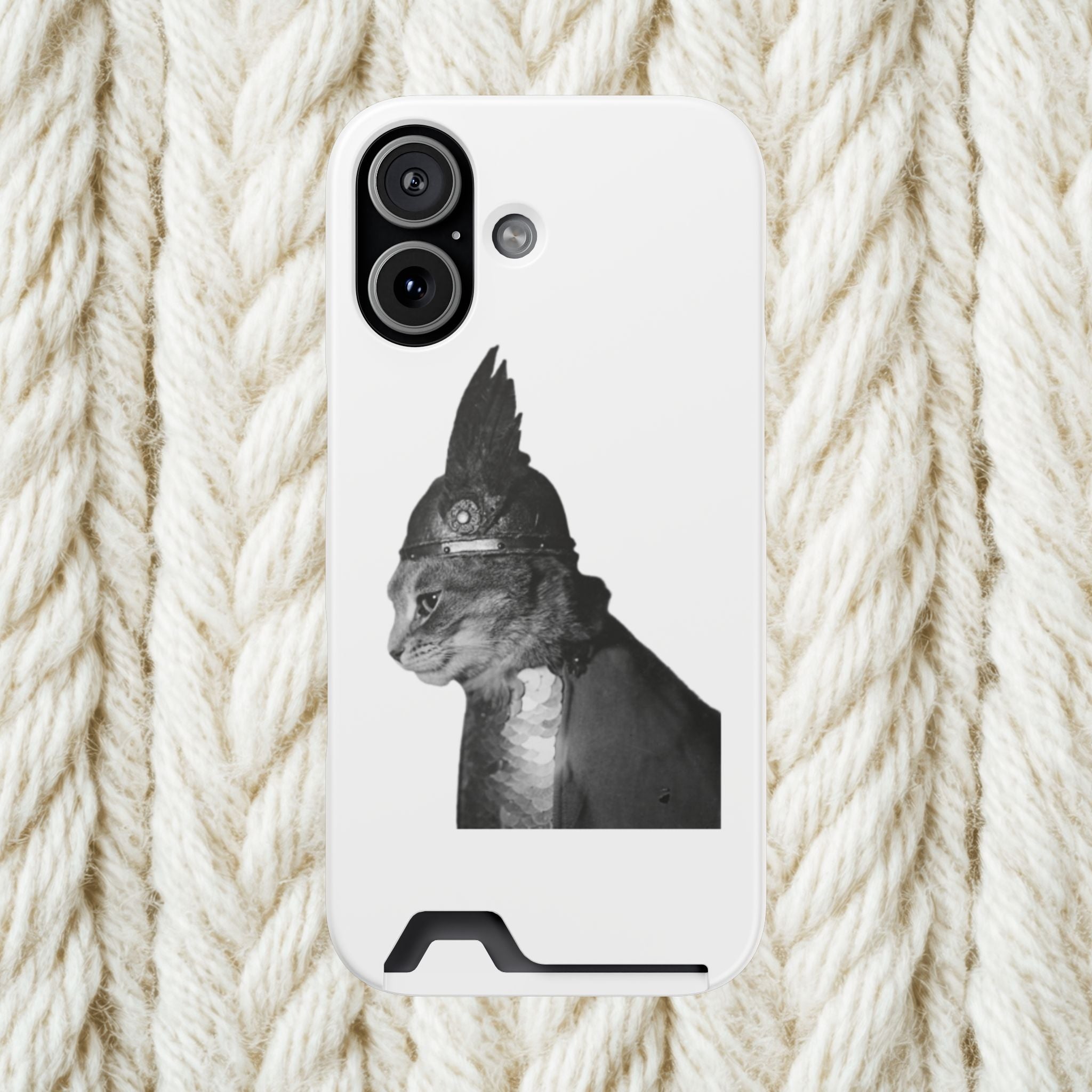 Monochrome Steampunk Cat Portrait Phone Case with Card Holder | Retro Mechanical Feline | cat gladiator helmet | cat mom dad | minimalism