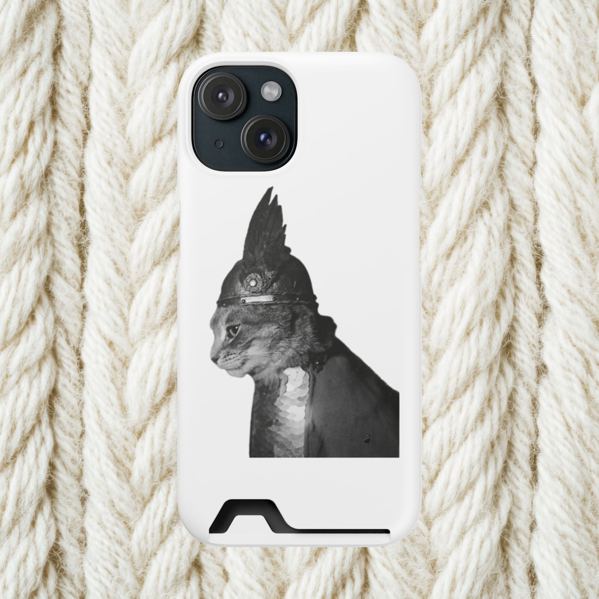 Monochrome Steampunk Cat Portrait Phone Case with Card Holder | Retro Mechanical Feline | cat gladiator helmet | cat mom dad | minimalism