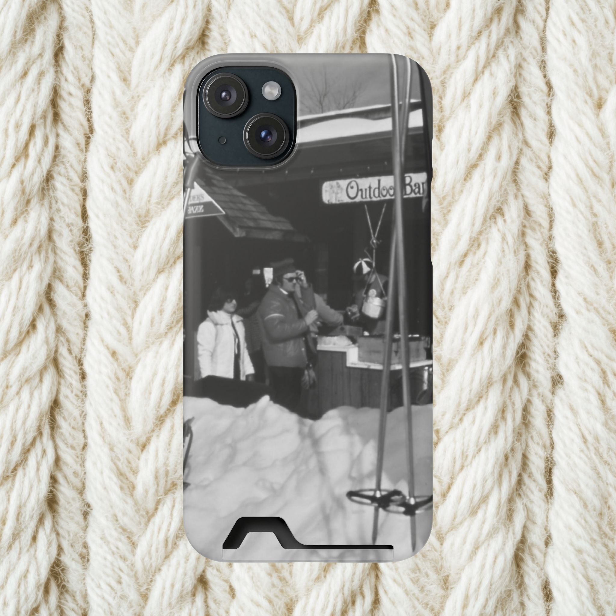 Vintage Ski Lodge Photo Phone Case with Card Holder | Black White Winter Scene Iphone 17 16 15 | Monochome americana