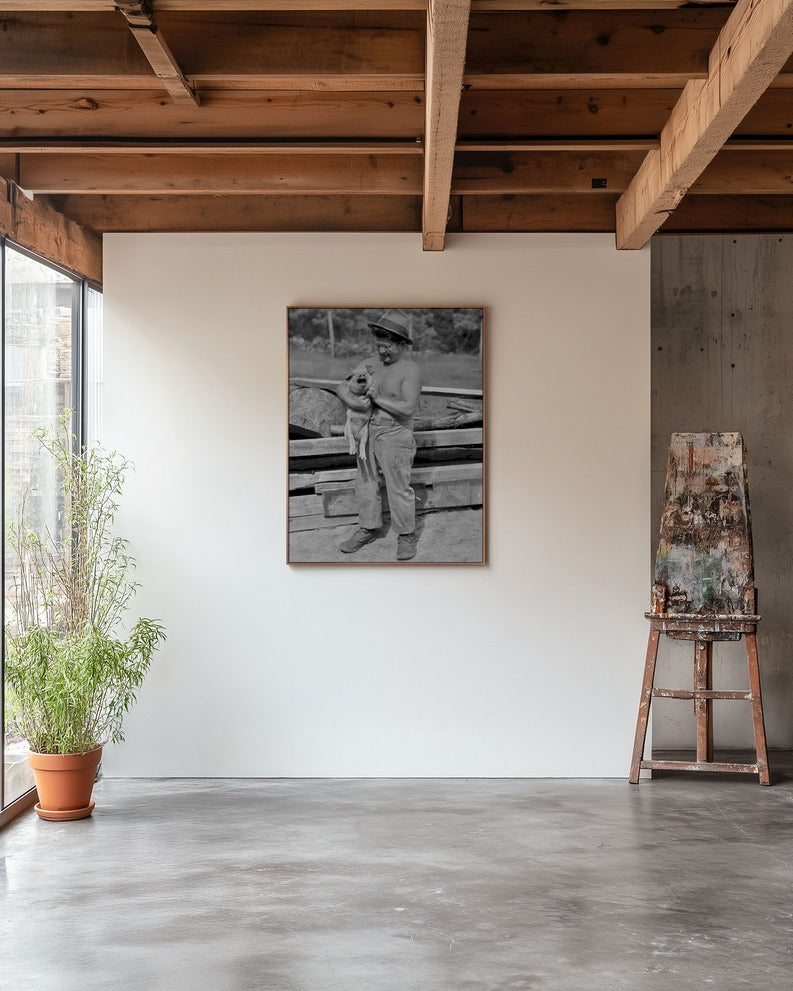 Vintage Farmer with Pig Photograph | 1930s Rural America Photo | Farm Life Black & White Wall Art | Rustic Farmhouse Decor