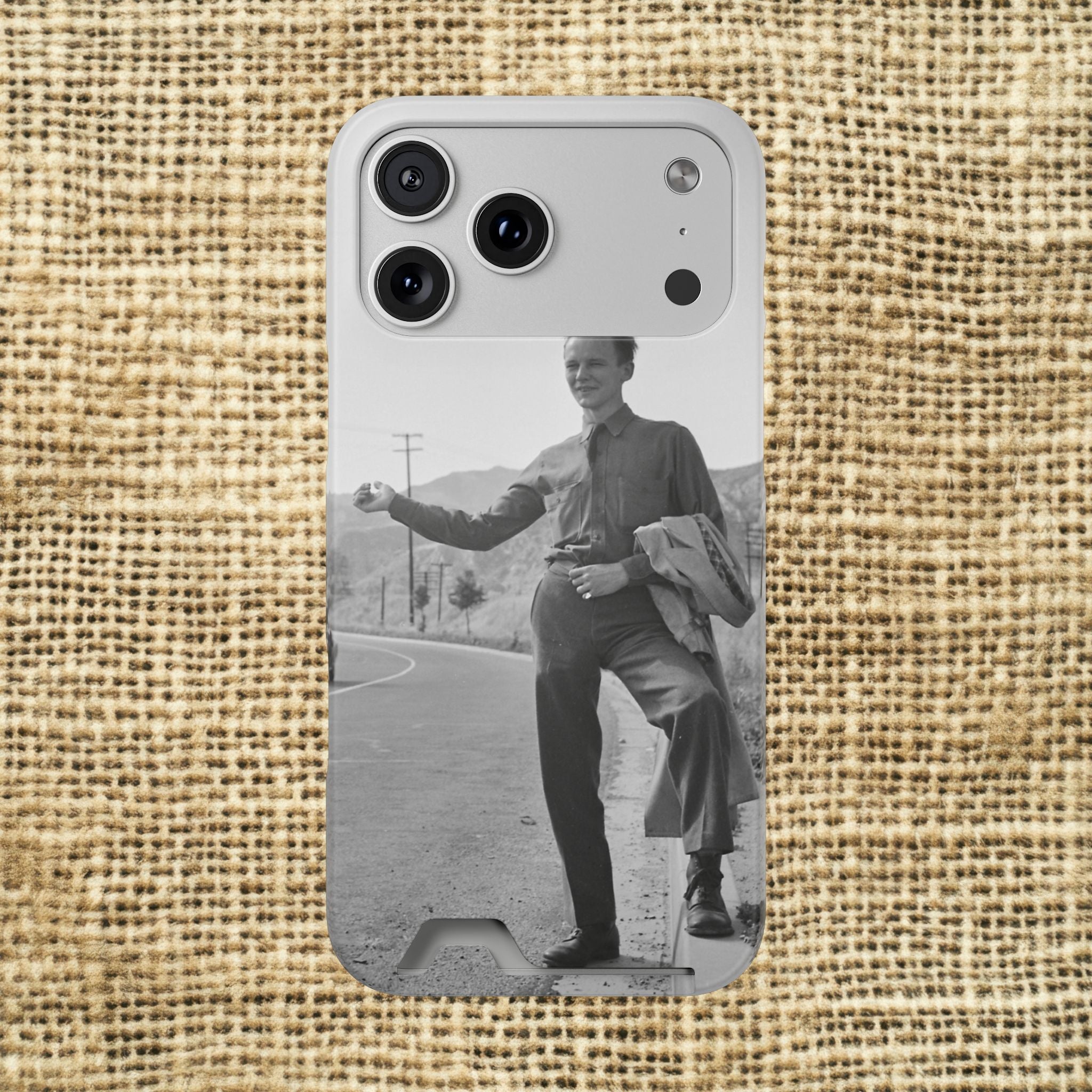 Vintage Hitchhiker Photo Phone Case with Card Holder | Retro Black and White Monochrome photo | masculine case for phone | gift for artist