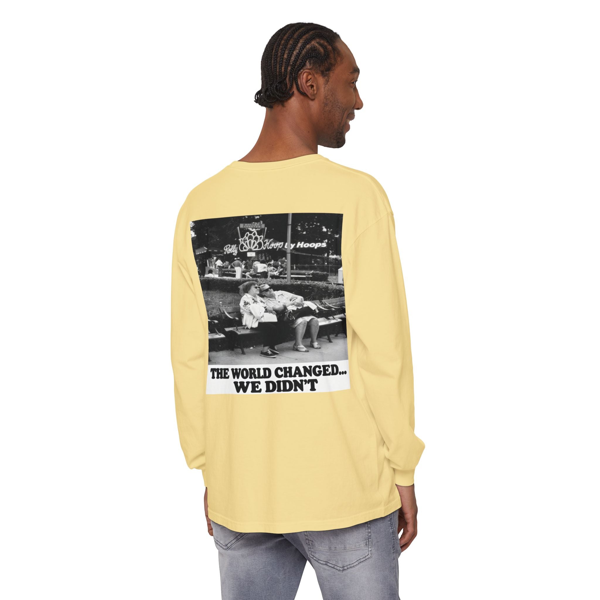 Nostalgic Americana Old Woman Sitting on Bench Long Sleeve T-Shirt | Retro Humor