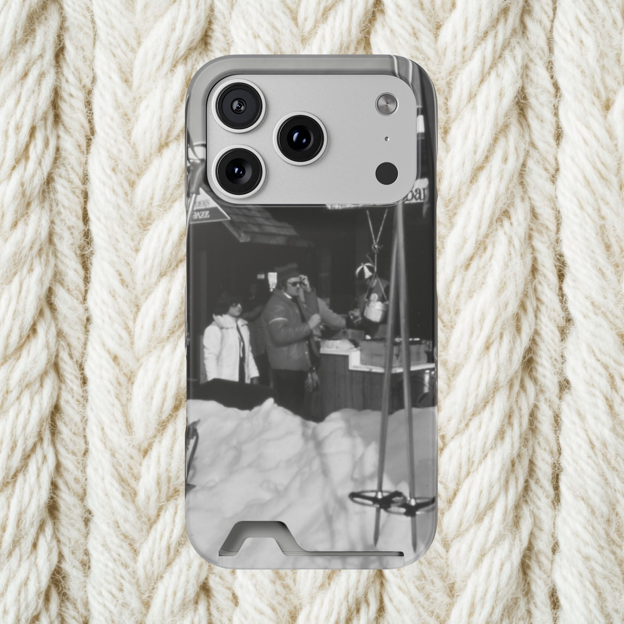 Vintage Ski Lodge Photo Phone Case with Card Holder | Black White Winter Scene Iphone 17 16 15 | Monochome americana