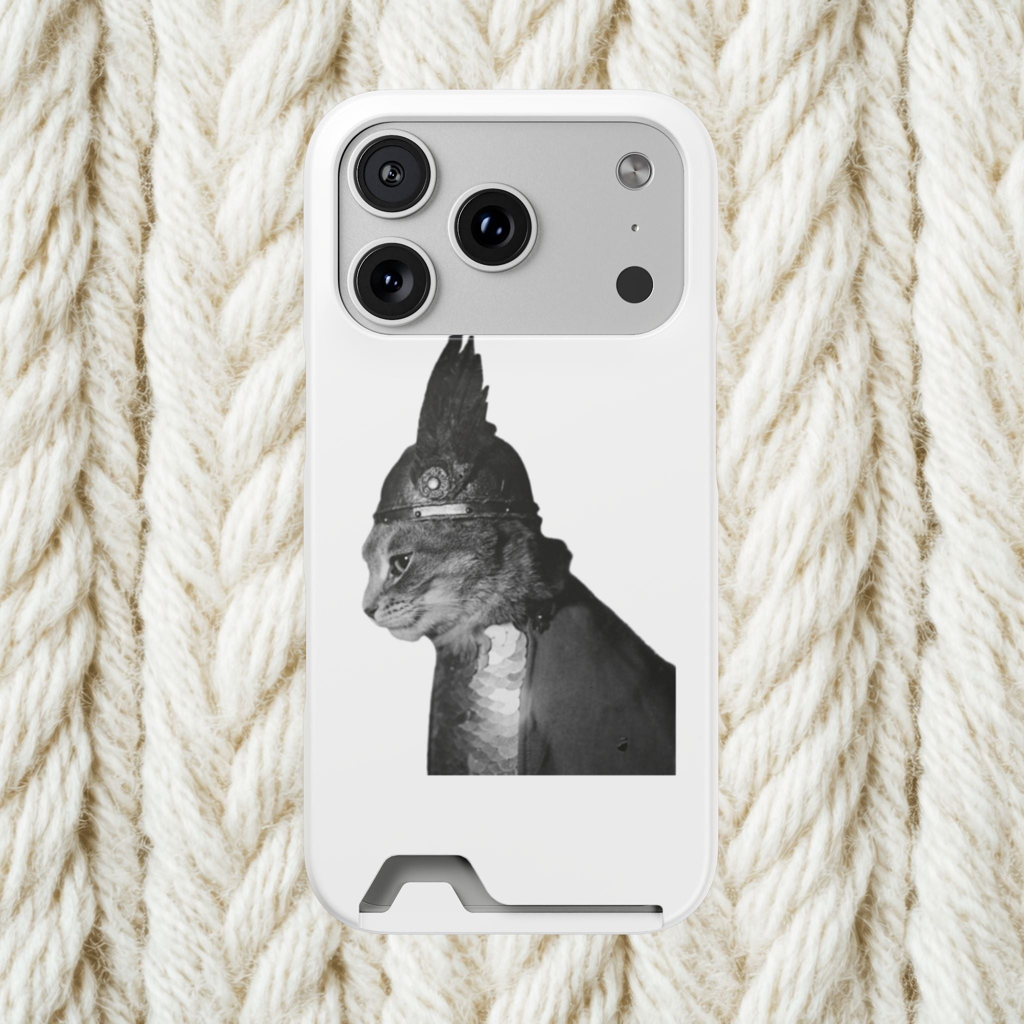 Monochrome Steampunk Cat Portrait Phone Case with Card Holder | Retro Mechanical Feline | cat gladiator helmet | cat mom dad | minimalism