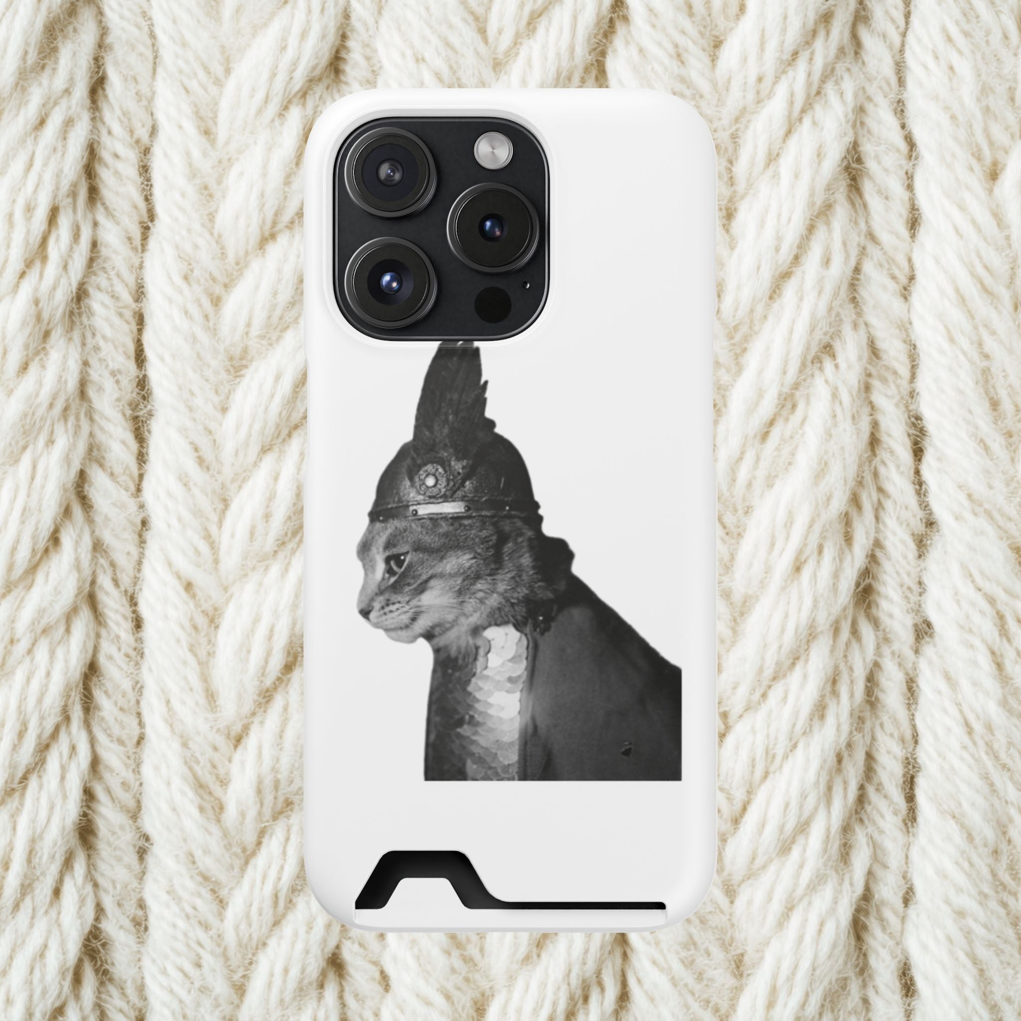 Monochrome Steampunk Cat Portrait Phone Case with Card Holder | Retro Mechanical Feline | cat gladiator helmet | cat mom dad | minimalism