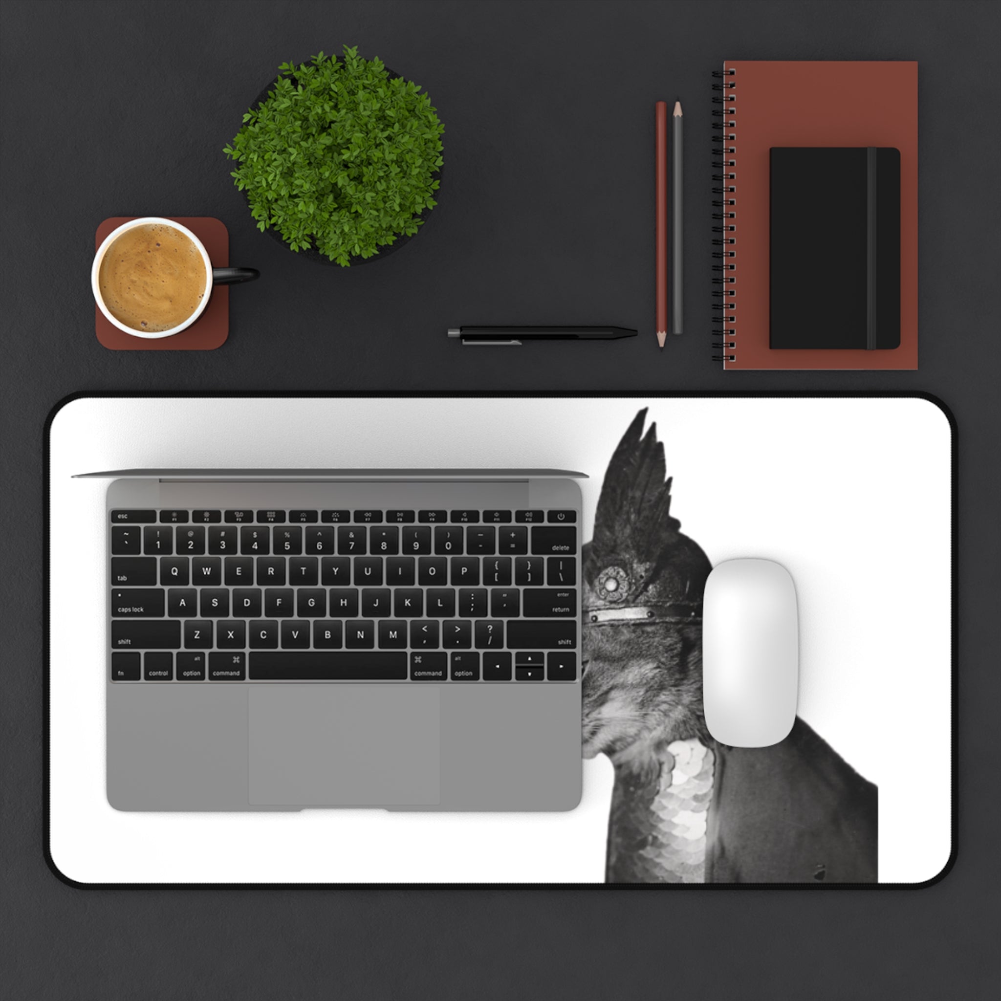 Steam Punk Monochrome  Cat Portrait Desk Mat | Antique Style Cat Illustration | cat with gladiator hat | industrial minimalism | cat dad