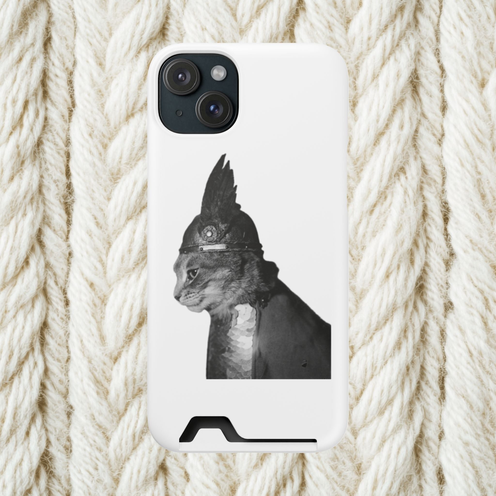 Monochrome Steampunk Cat Portrait Phone Case with Card Holder | Retro Mechanical Feline | cat gladiator helmet | cat mom dad | minimalism