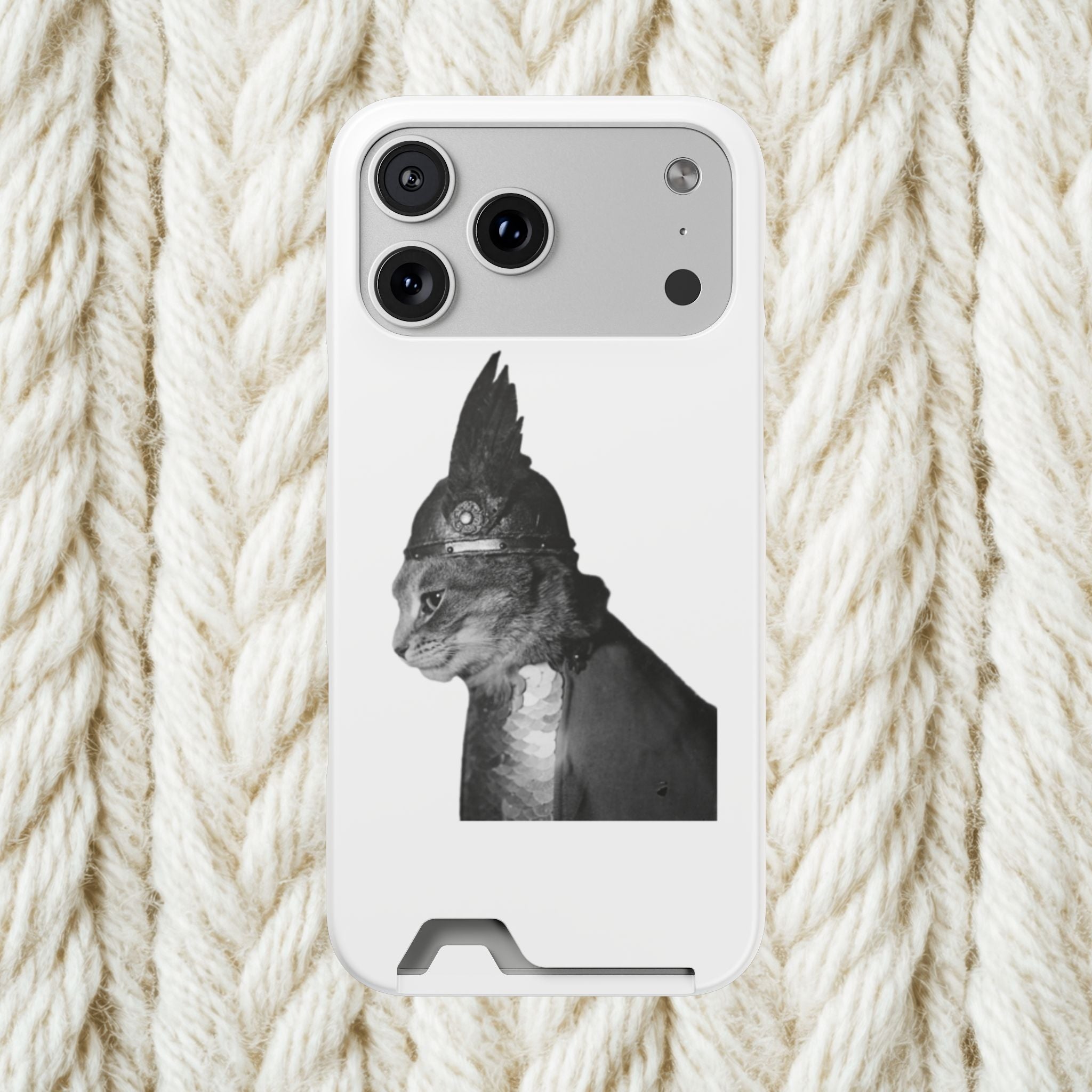 Monochrome Steampunk Cat Portrait Phone Case with Card Holder | Retro Mechanical Feline | cat gladiator helmet | cat mom dad | minimalism