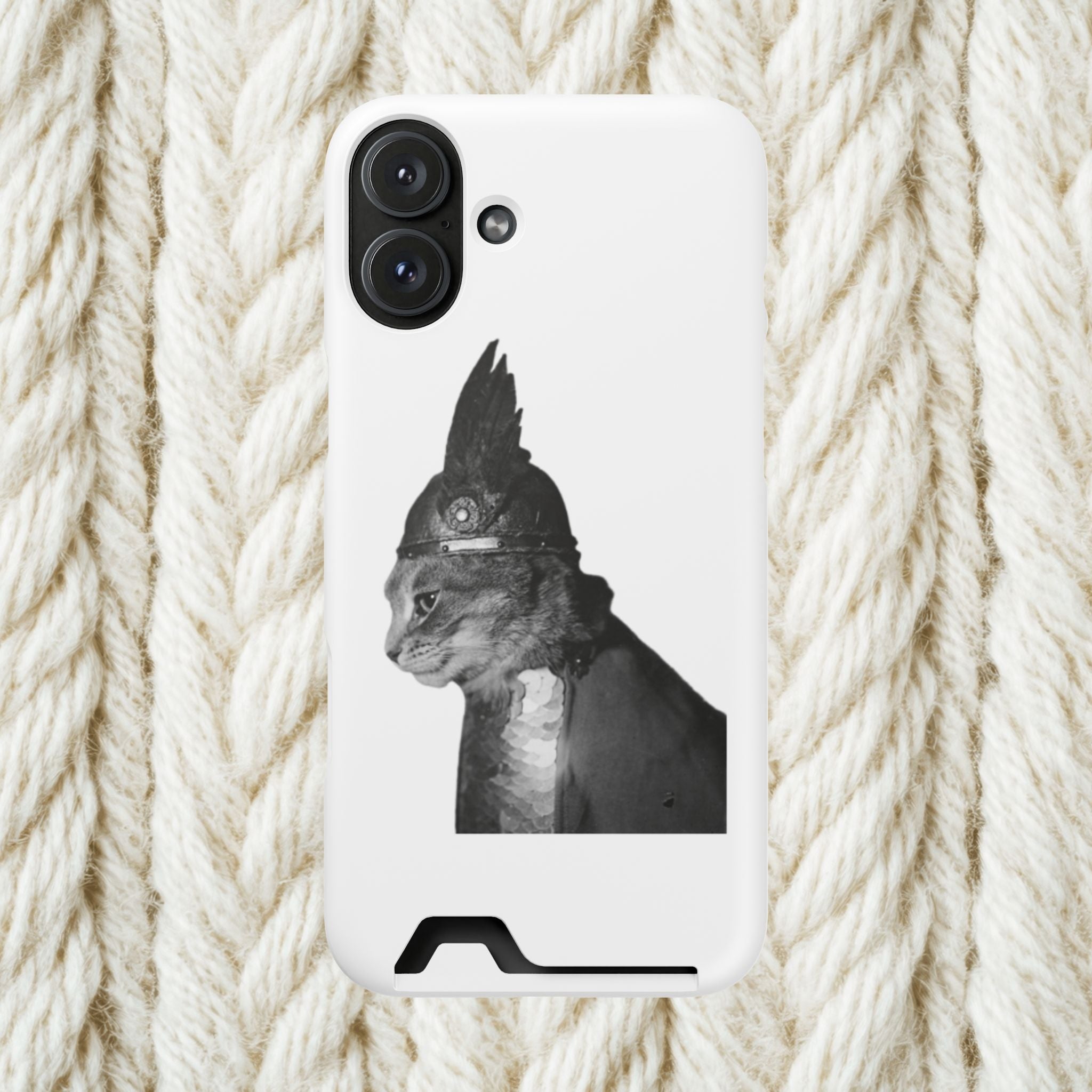 Monochrome Steampunk Cat Portrait Phone Case with Card Holder | Retro Mechanical Feline | cat gladiator helmet | cat mom dad | minimalism