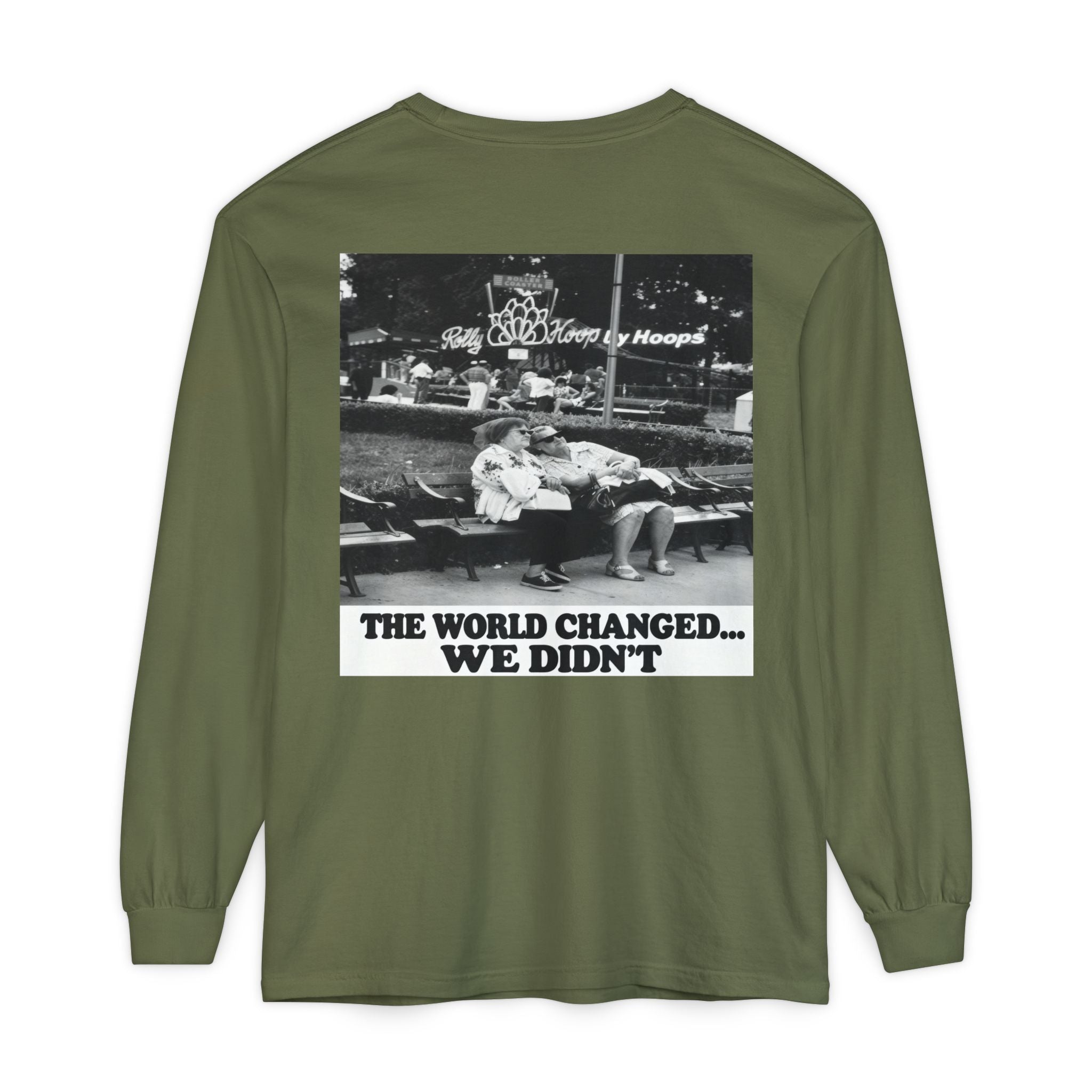 Nostalgic Americana Old Woman Sitting on Bench Long Sleeve T-Shirt | Retro Humor