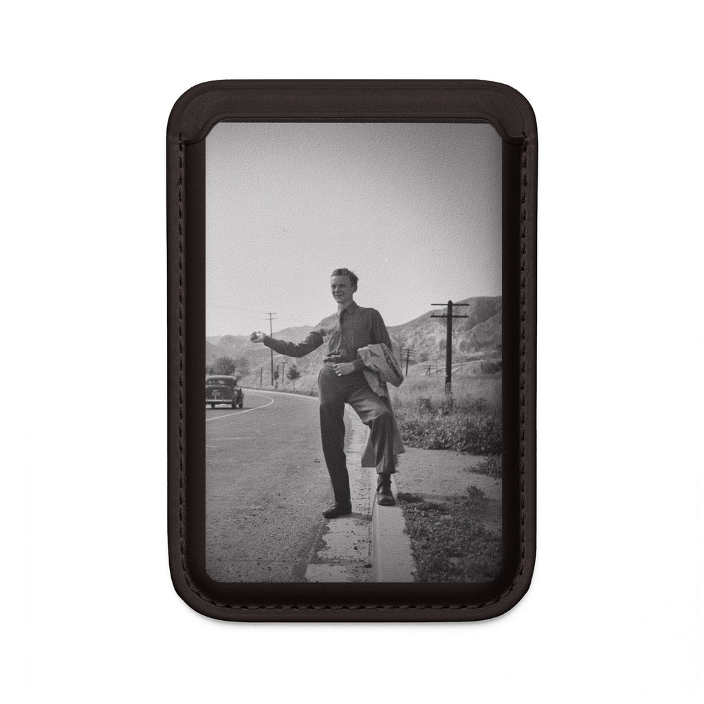Vintage Hitchhiker Photo Wallet | Vegan MagSafe Compatible | Masculine wallet for phone | gift for artist | Monochrome Americana