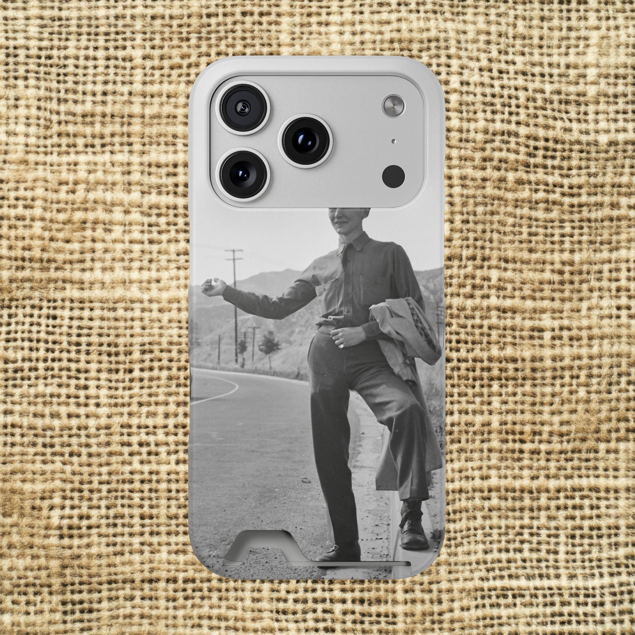 Vintage Hitchhiker Photo Phone Case with Card Holder | Retro Black and White Monochrome photo | masculine case for phone | gift for artist
