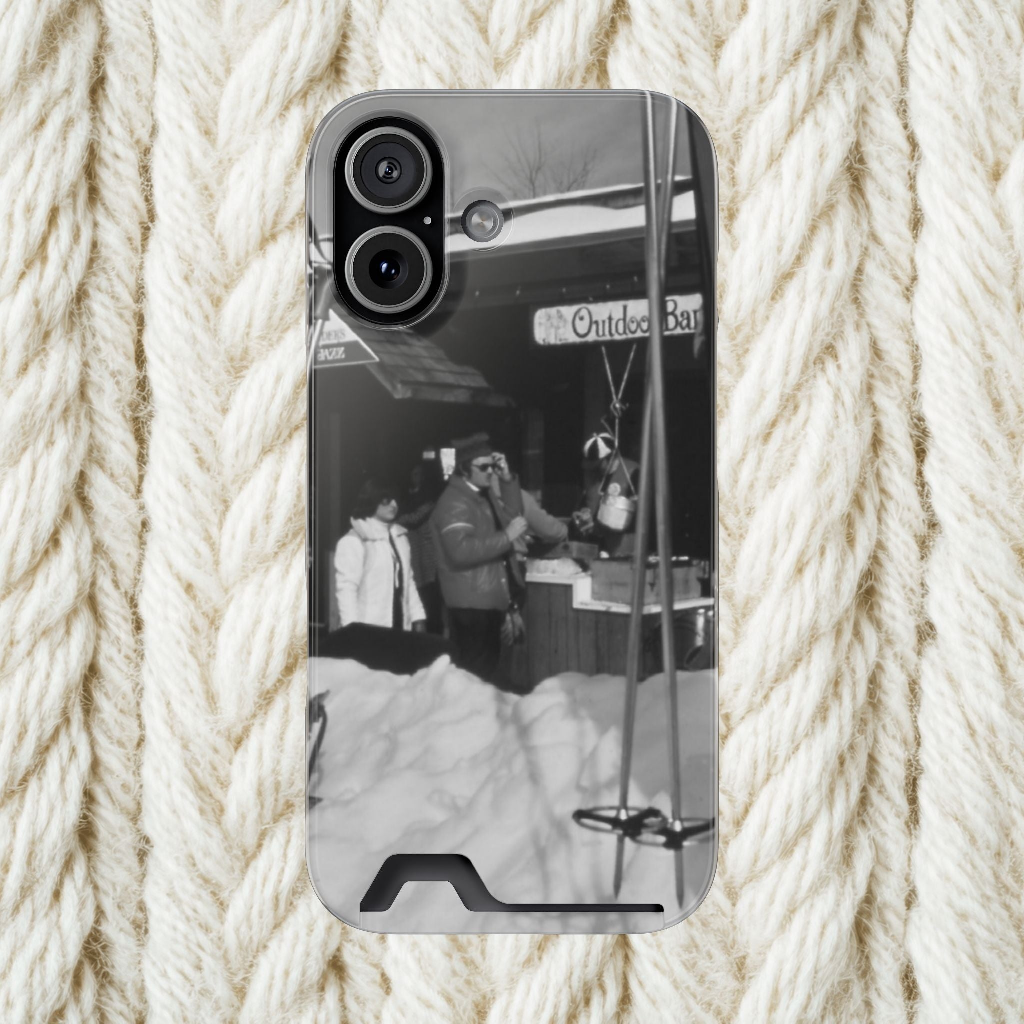 Vintage Ski Lodge Photo Phone Case with Card Holder | Black White Winter Scene Iphone 17 16 15 | Monochome americana