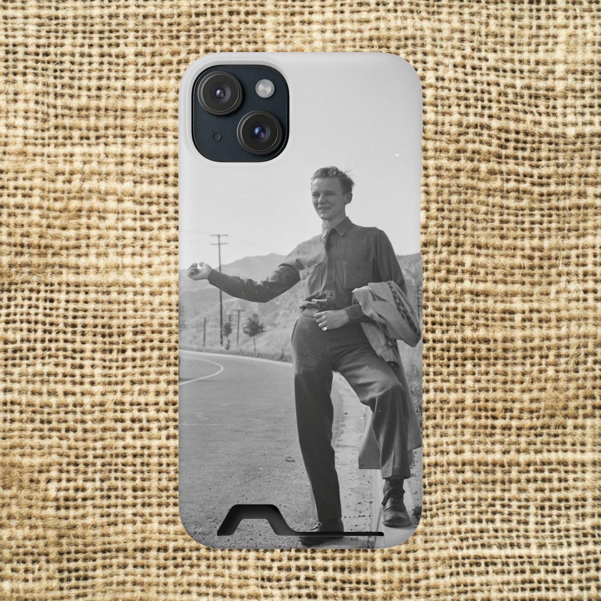 Vintage Hitchhiker Photo Phone Case with Card Holder | Retro Black and White Monochrome photo | masculine case for phone | gift for artist