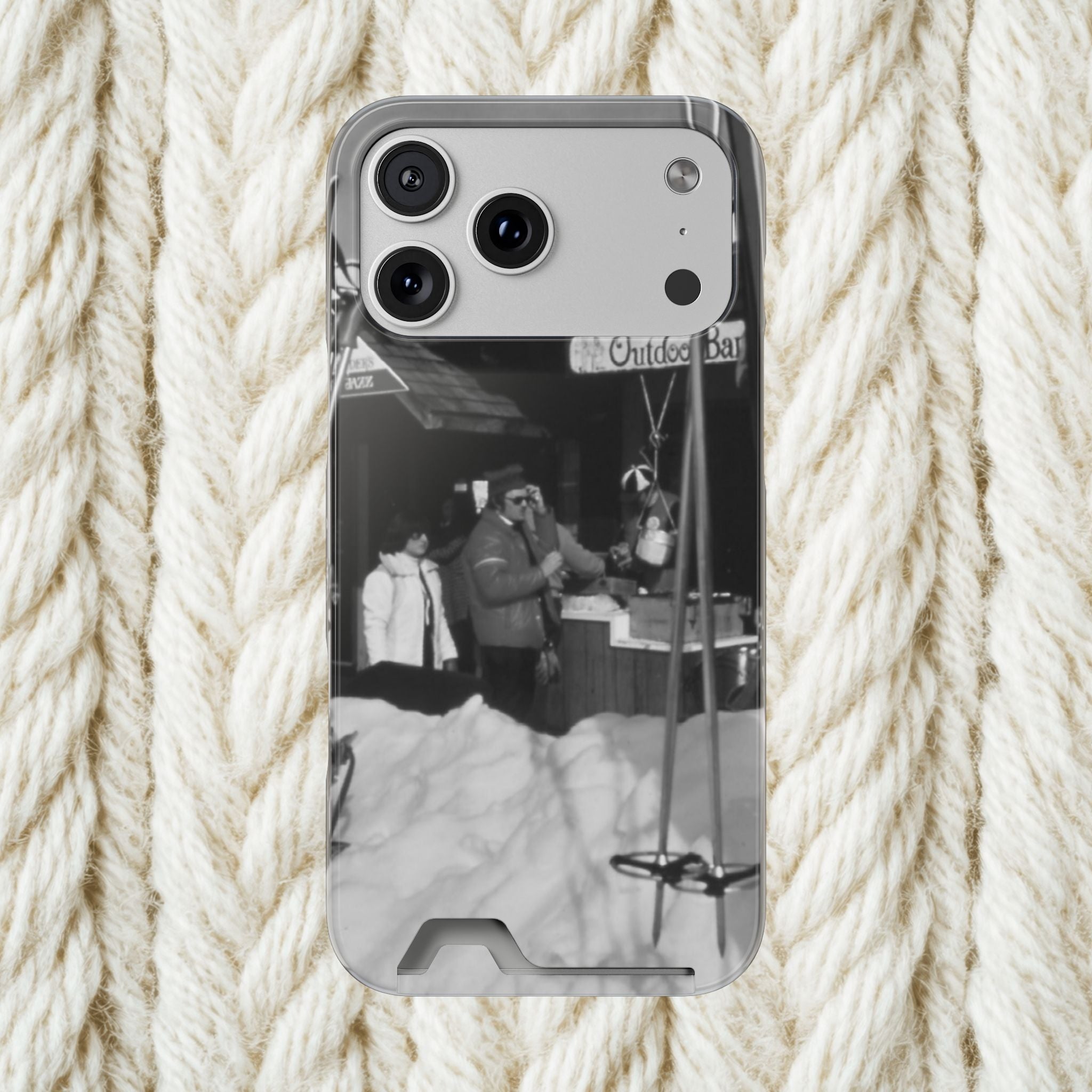 Vintage Ski Lodge Photo Phone Case with Card Holder | Black White Winter Scene Iphone 17 16 15 | Monochome americana
