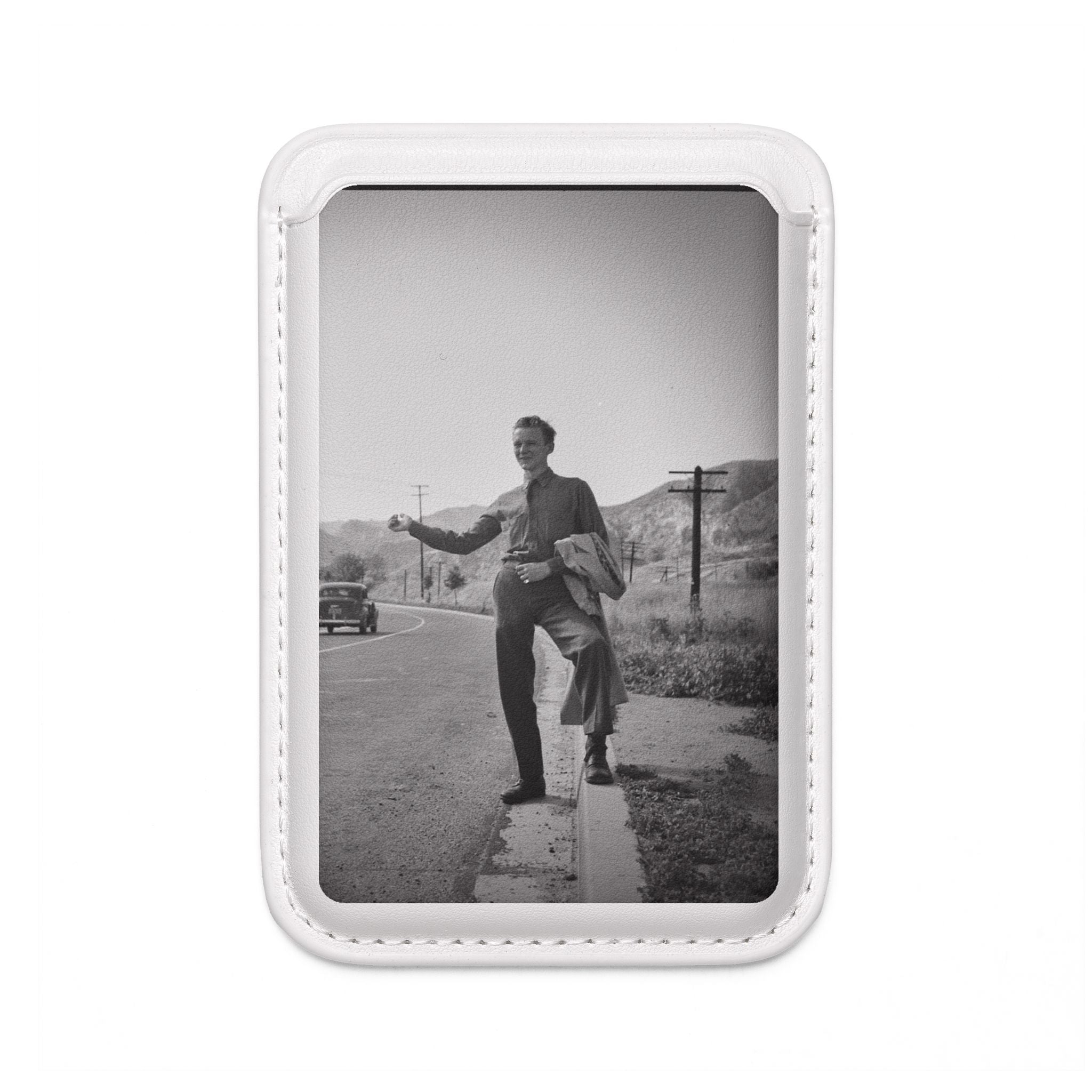 Vintage Hitchhiker Photo Wallet | Vegan MagSafe Compatible | Masculine wallet for phone | gift for artist | Monochrome Americana