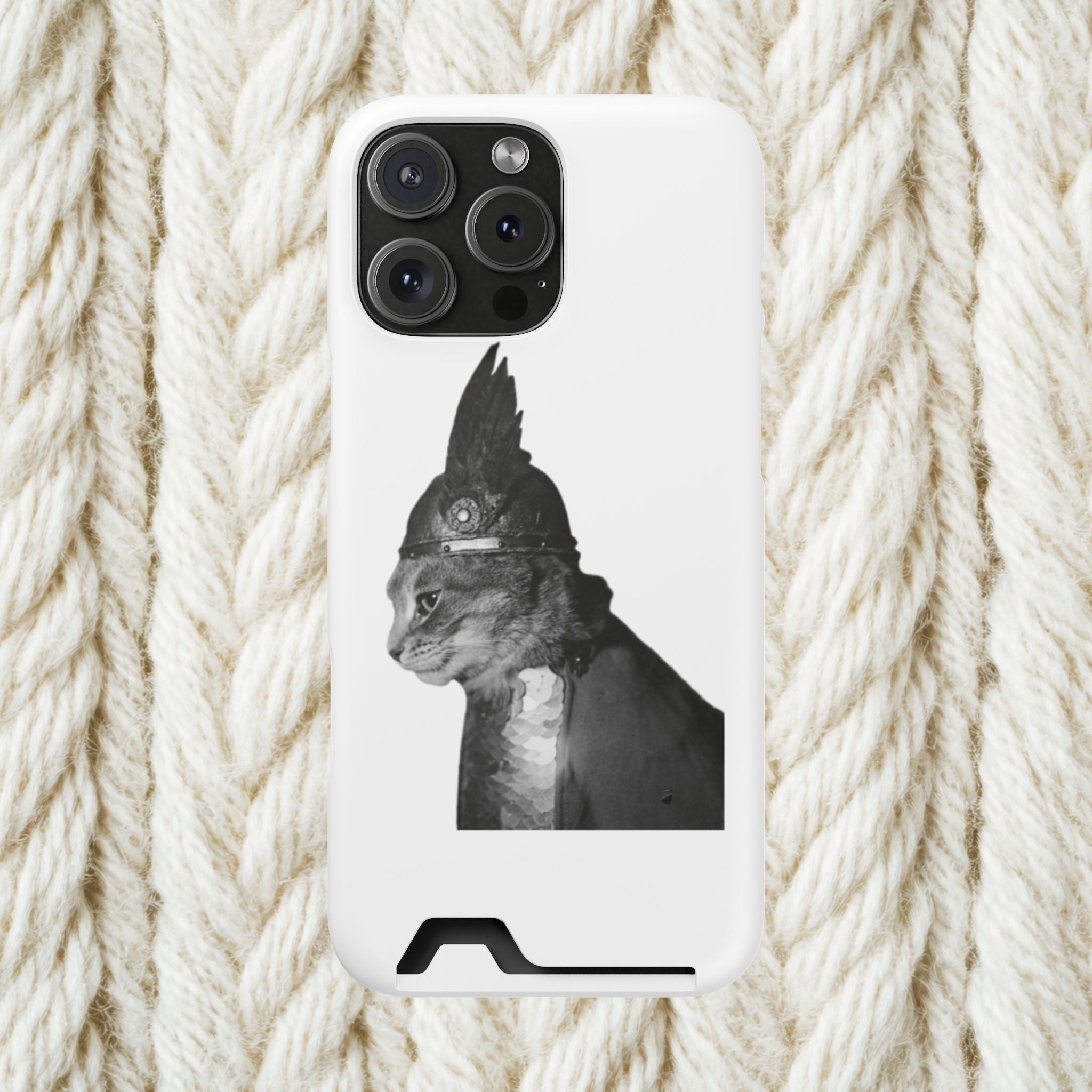 Monochrome Steampunk Cat Portrait Phone Case with Card Holder | Retro Mechanical Feline | cat gladiator helmet | cat mom dad | minimalism