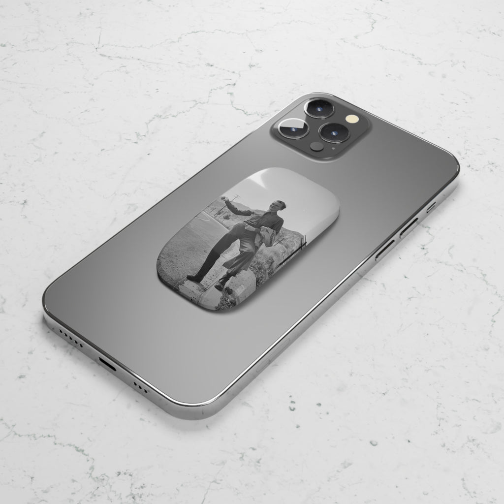 Vintage Hitchhiker Photo Phone Click-On Grip | Retro Black and White Monochrome masculine image | matching phone accessories