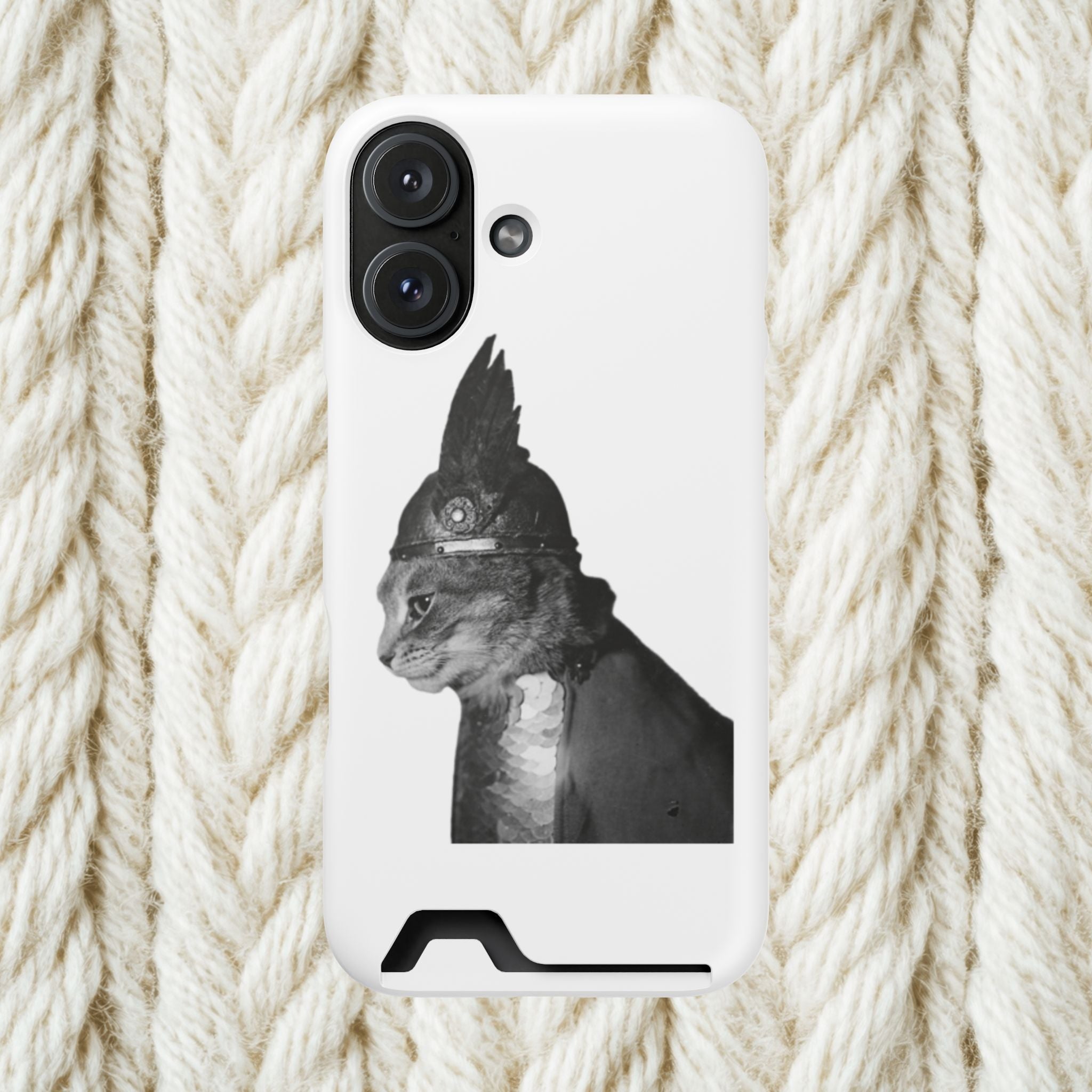 Monochrome Steampunk Cat Portrait Phone Case with Card Holder | Retro Mechanical Feline | cat gladiator helmet | cat mom dad | minimalism