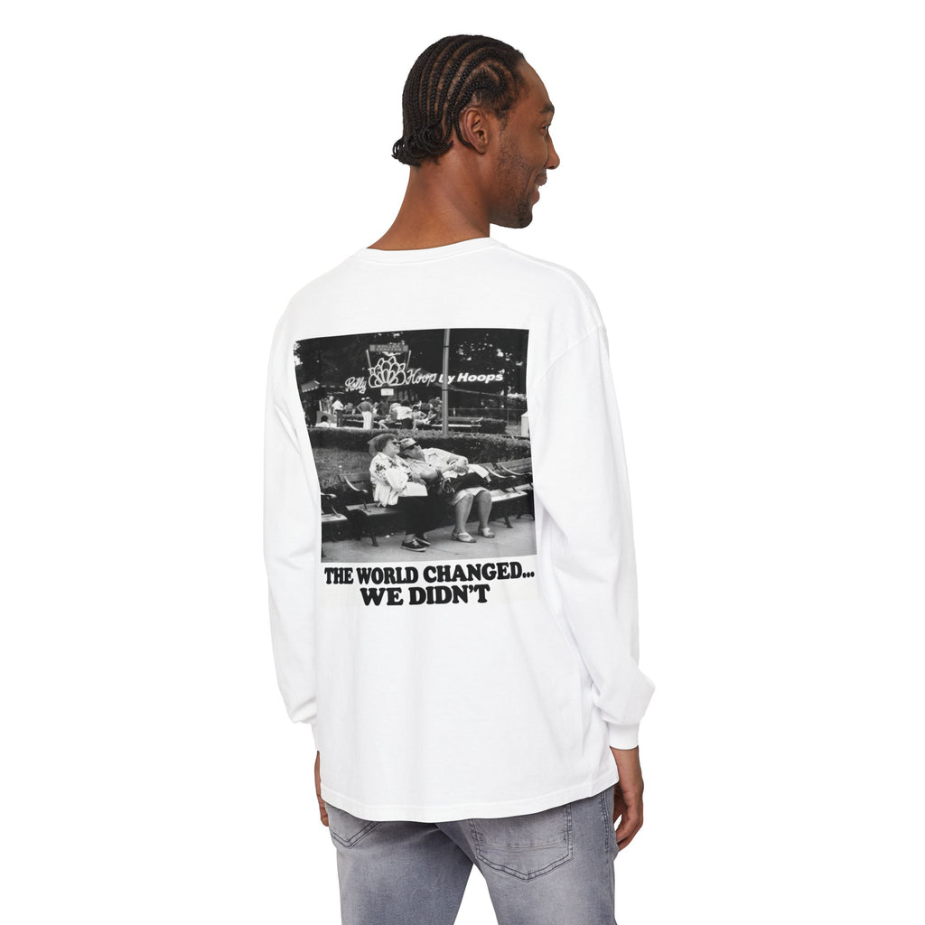 Nostalgic Americana Old Woman Sitting on Bench Long Sleeve T-Shirt | Retro Humor