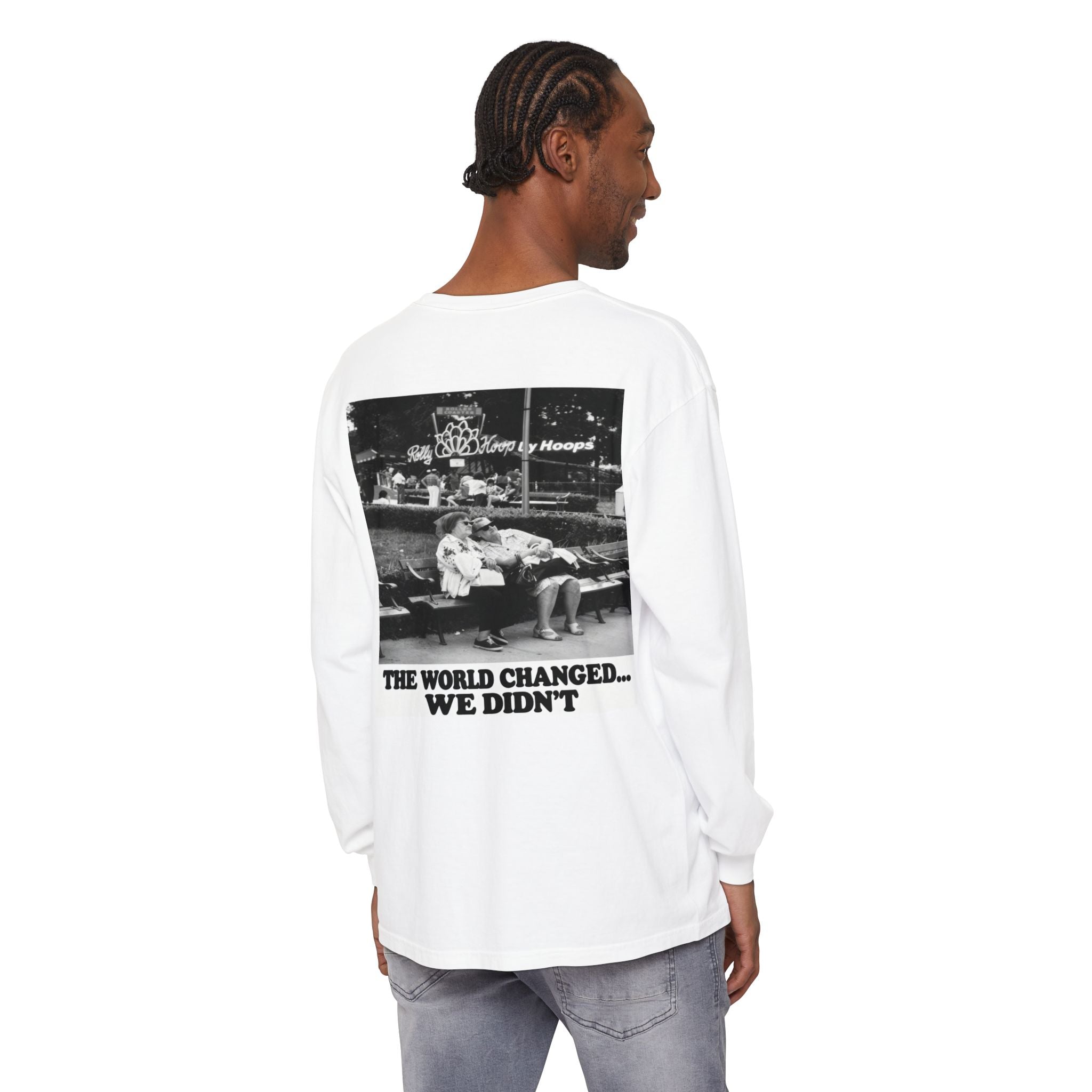 Nostalgic Americana Old Woman Sitting on Bench Long Sleeve T-Shirt | Retro Humor