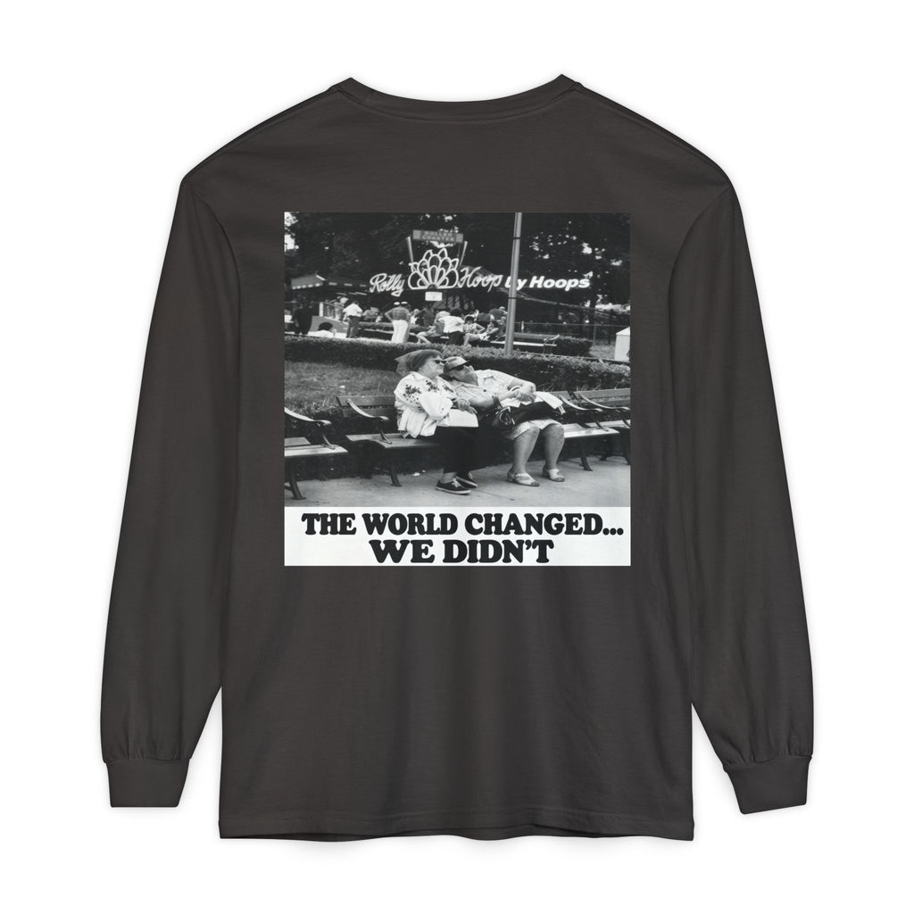 Nostalgic Americana Old Woman Sitting on Bench Long Sleeve T-Shirt | Retro Humor