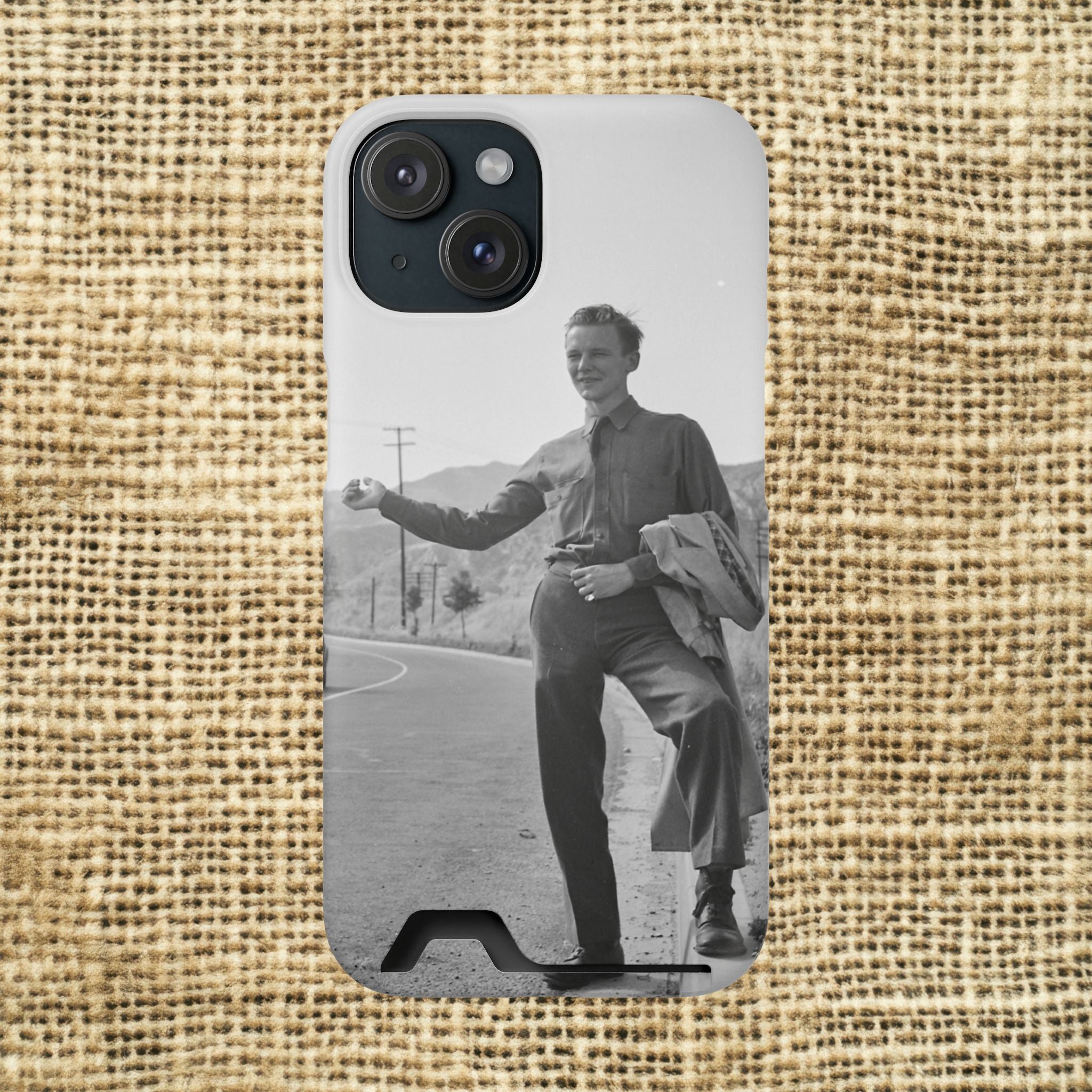 Vintage Hitchhiker Photo Phone Case with Card Holder | Retro Black and White Monochrome photo | masculine case for phone | gift for artist