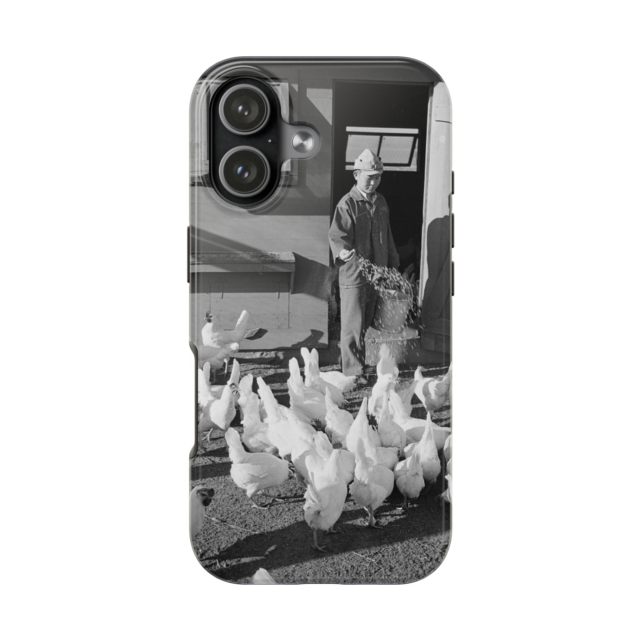 Ansel Adams  iBlack White image Farmer Feeding Chickens Phone Case | Vintage Farm Photo Tough Case | iphone 17 16 15