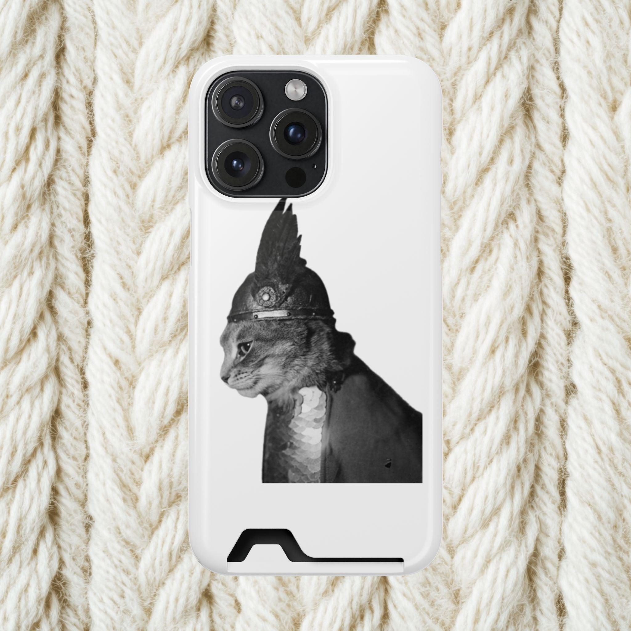 Monochrome Steampunk Cat Portrait Phone Case with Card Holder | Retro Mechanical Feline | cat gladiator helmet | cat mom dad | minimalism
