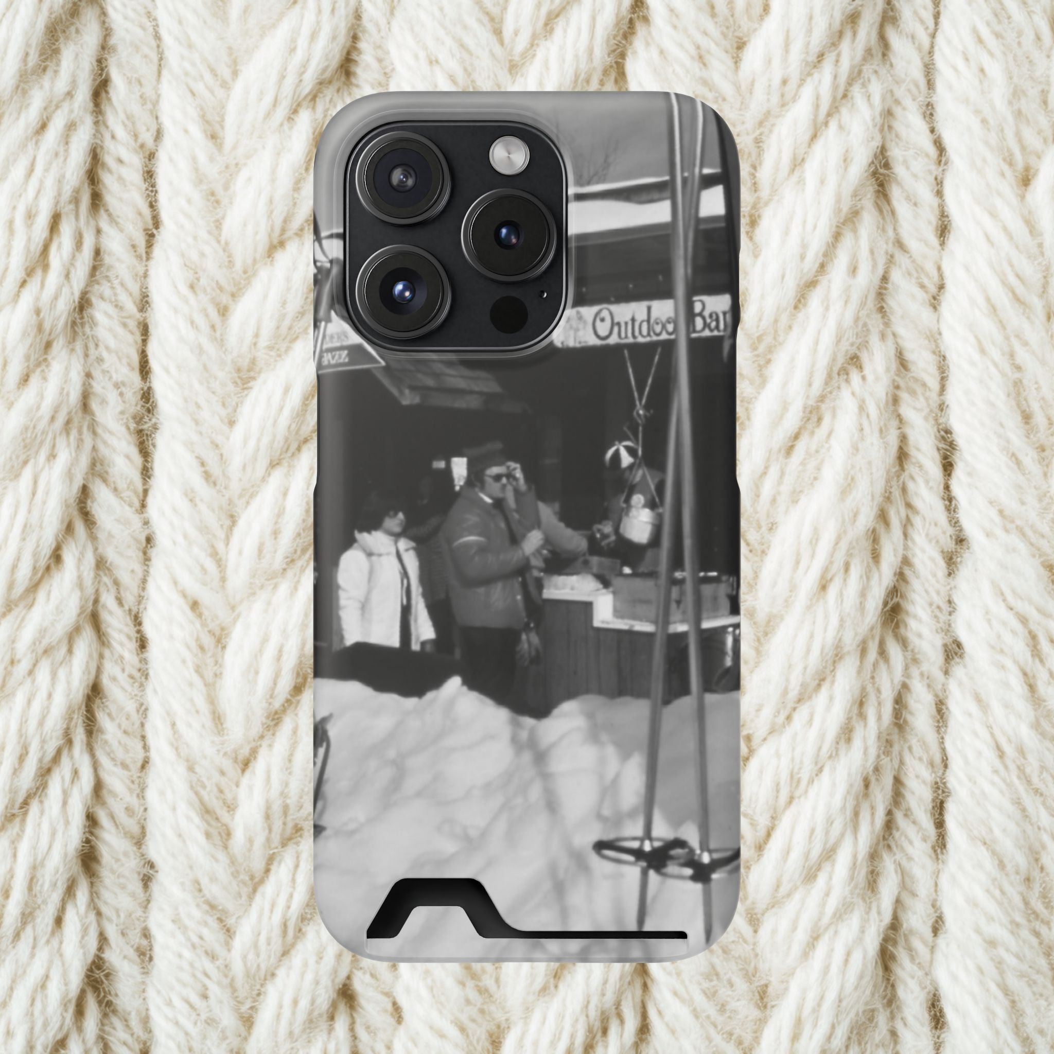 Vintage Ski Lodge Photo Phone Case with Card Holder | Black White Winter Scene Iphone 17 16 15 | Monochome americana