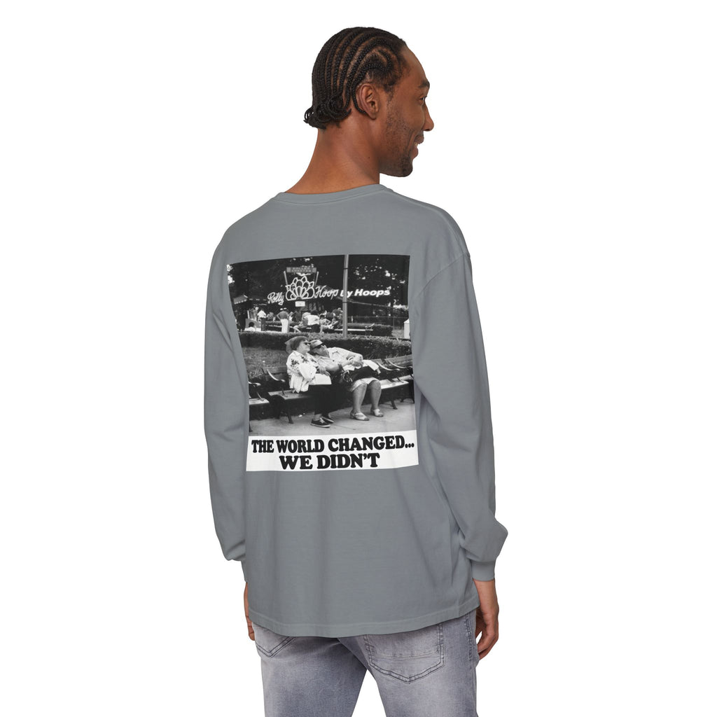 Nostalgic Americana Old Woman Sitting on Bench Long Sleeve T-Shirt | Retro Humor