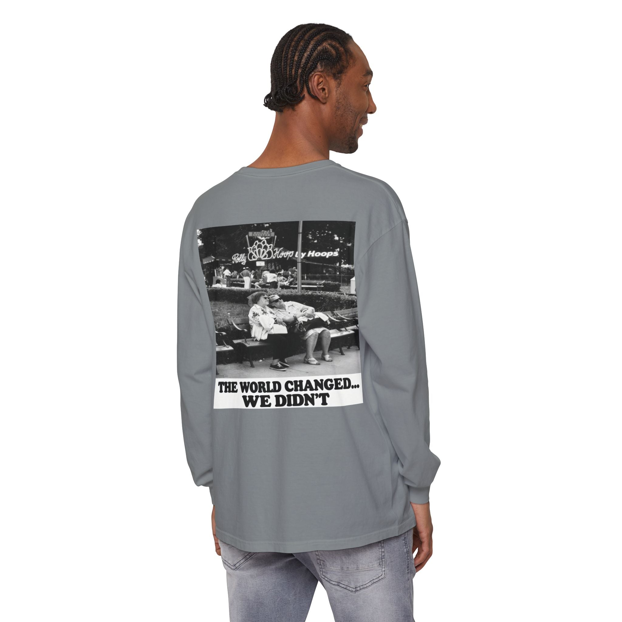 Nostalgic Americana Old Woman Sitting on Bench Long Sleeve T-Shirt | Retro Humor
