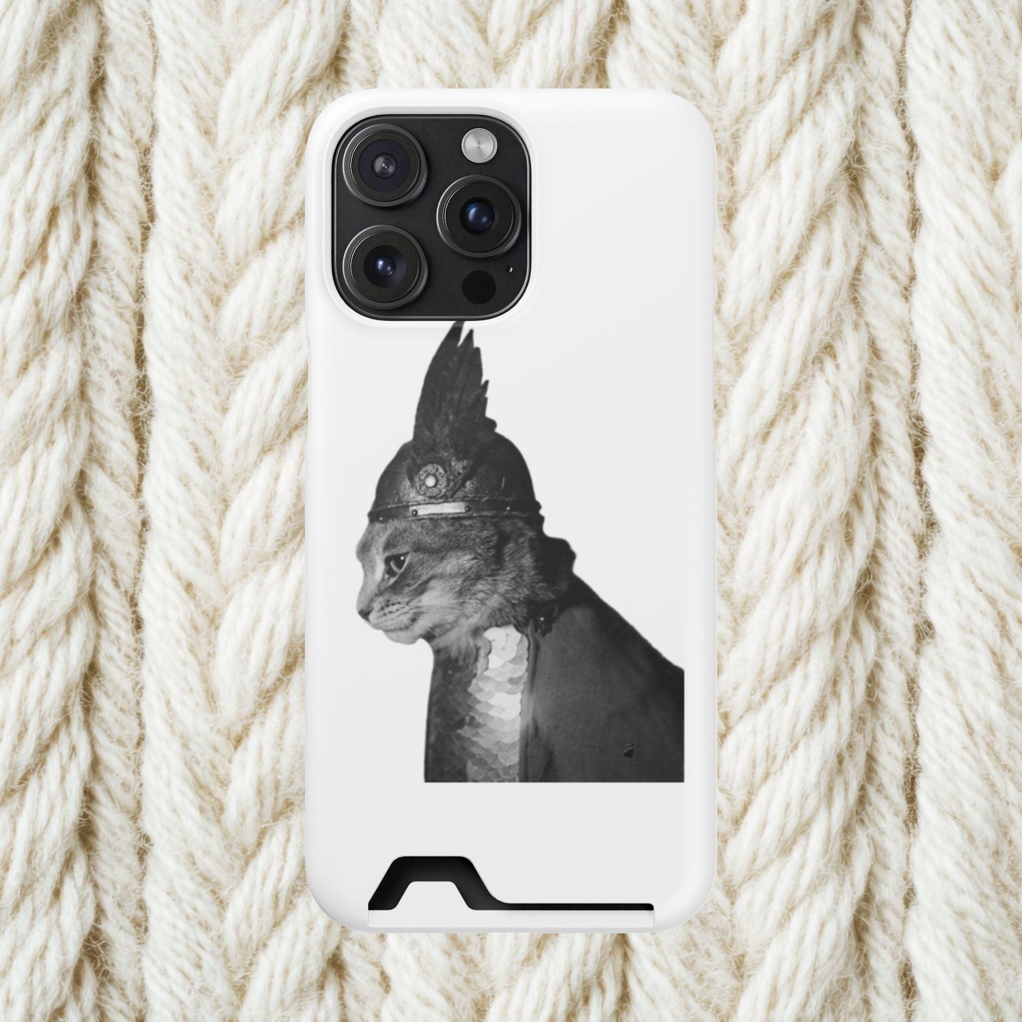 Monochrome Steampunk Cat Portrait Phone Case with Card Holder | Retro Mechanical Feline | cat gladiator helmet | cat mom dad | minimalism