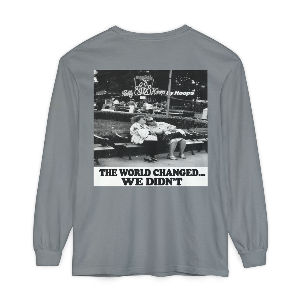 Nostalgic Americana Old Woman Sitting on Bench Long Sleeve T-Shirt | Retro Humor