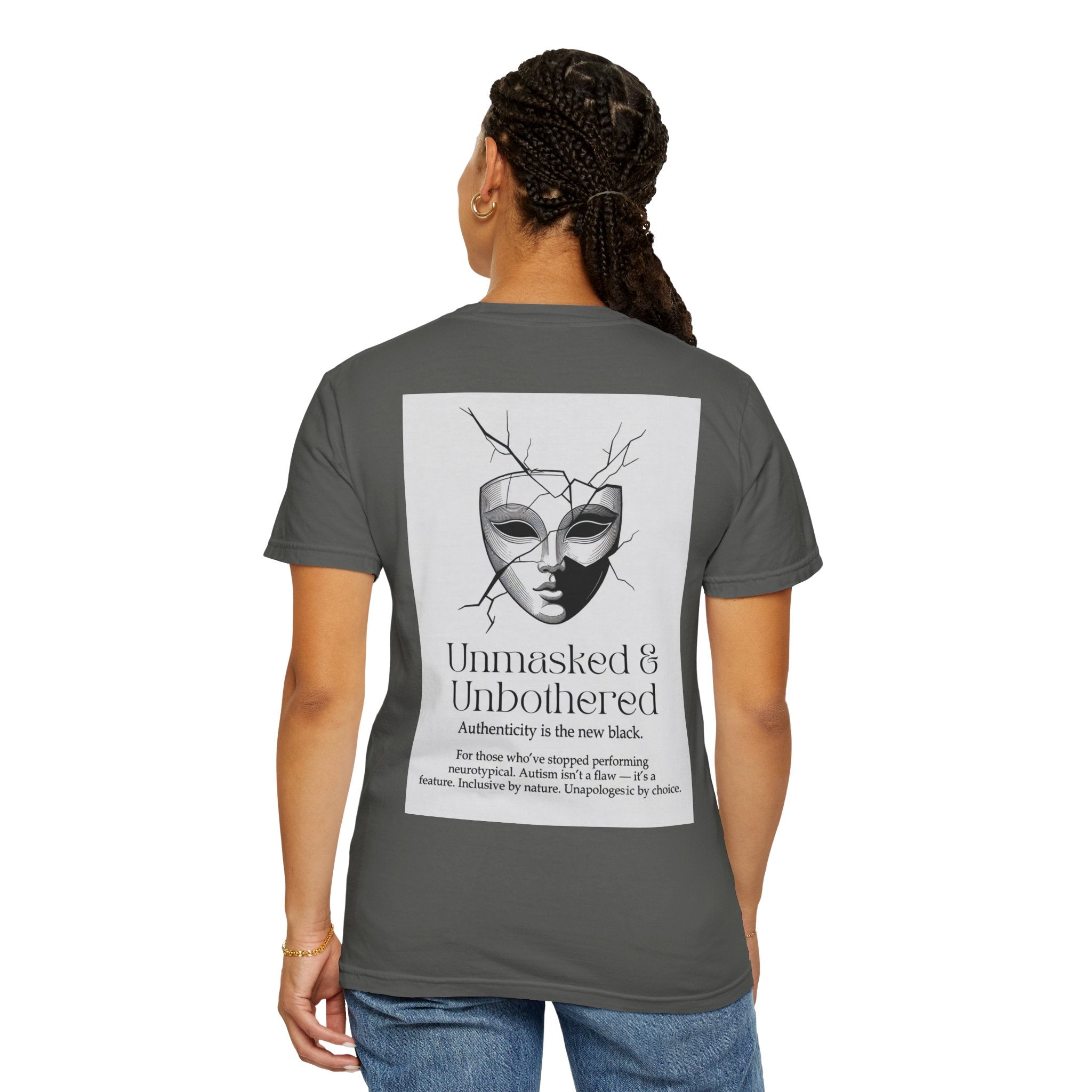 Neurodiversity Pride Acceptance t shirt |Unmasked & Unbothered T-shirt | Back Print Mask Illustration | ADHD \ Autism celebration