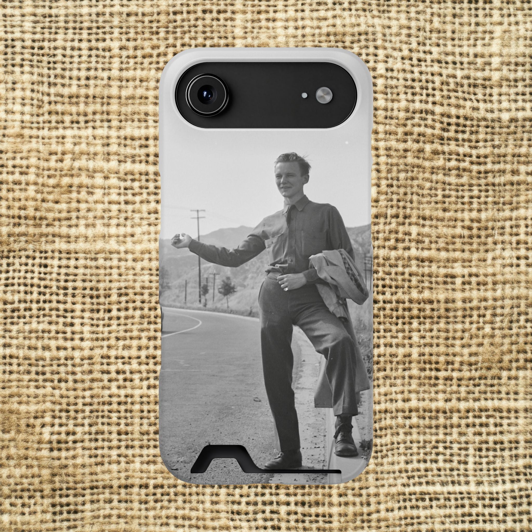 Vintage Hitchhiker Photo Phone Case with Card Holder | Retro Black and White Monochrome photo | masculine case for phone | gift for artist