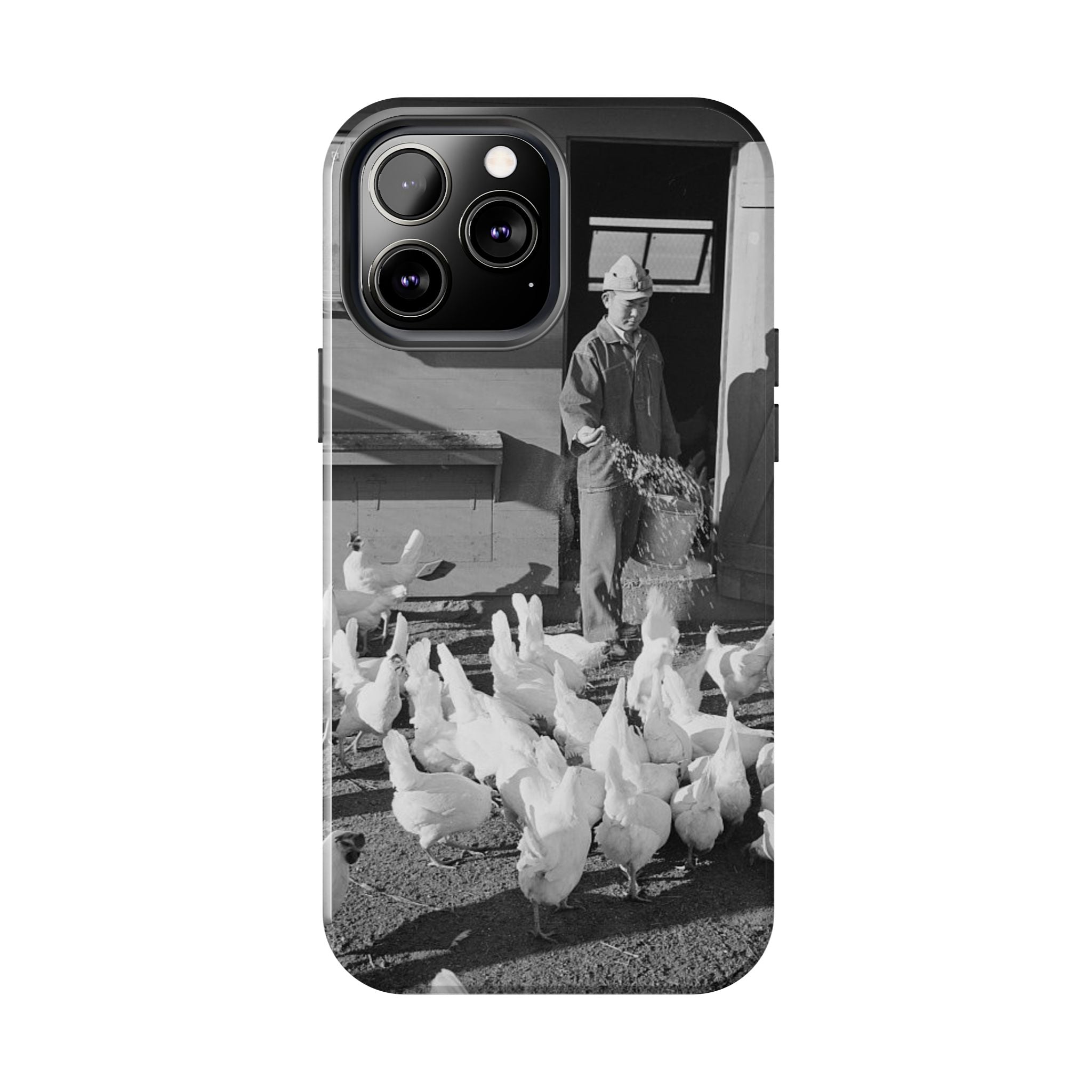 Ansel Adams  iBlack White image Farmer Feeding Chickens Phone Case | Vintage Farm Photo Tough Case | iphone 17 16 15