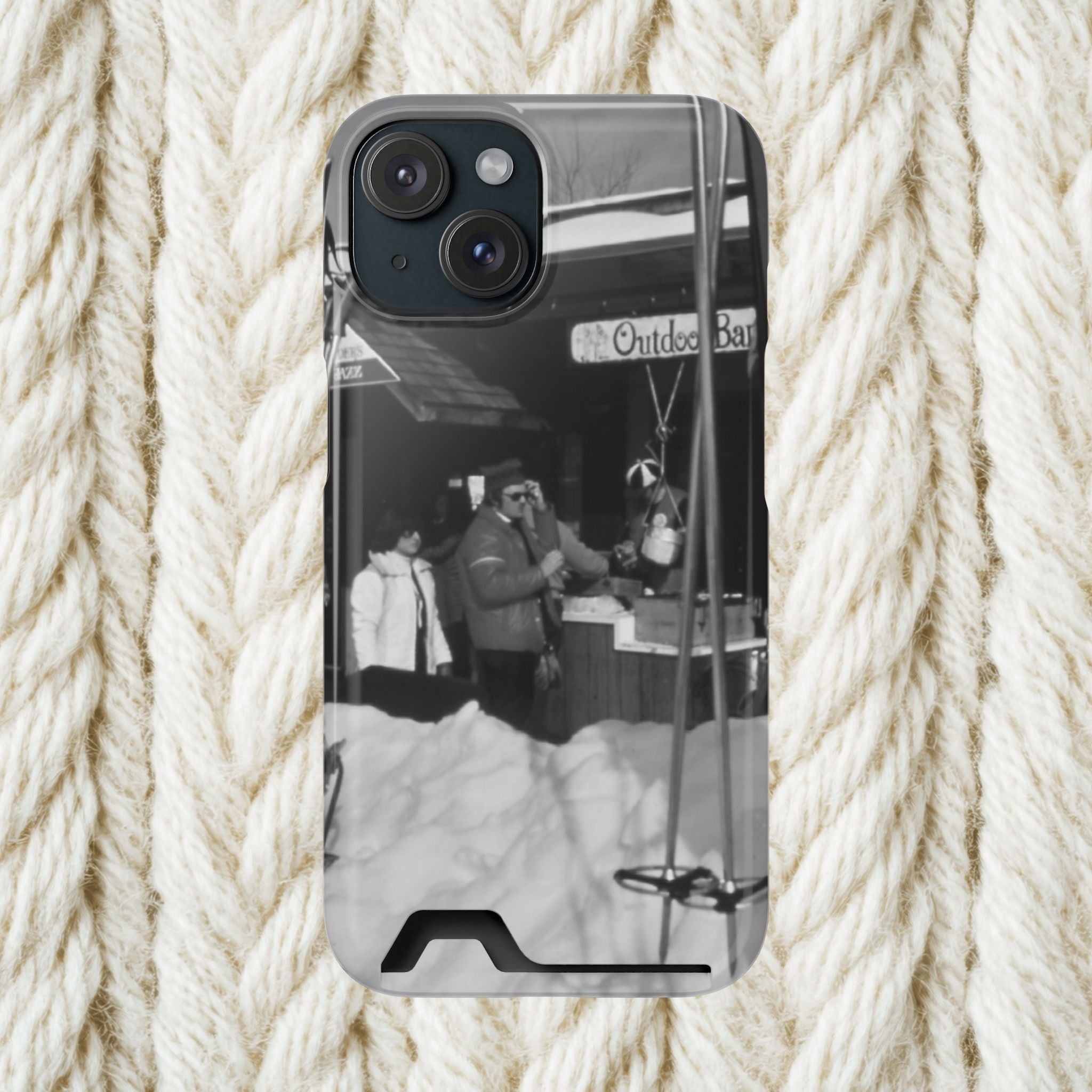 Vintage Ski Lodge Photo Phone Case with Card Holder | Black White Winter Scene Iphone 17 16 15 | Monochome americana