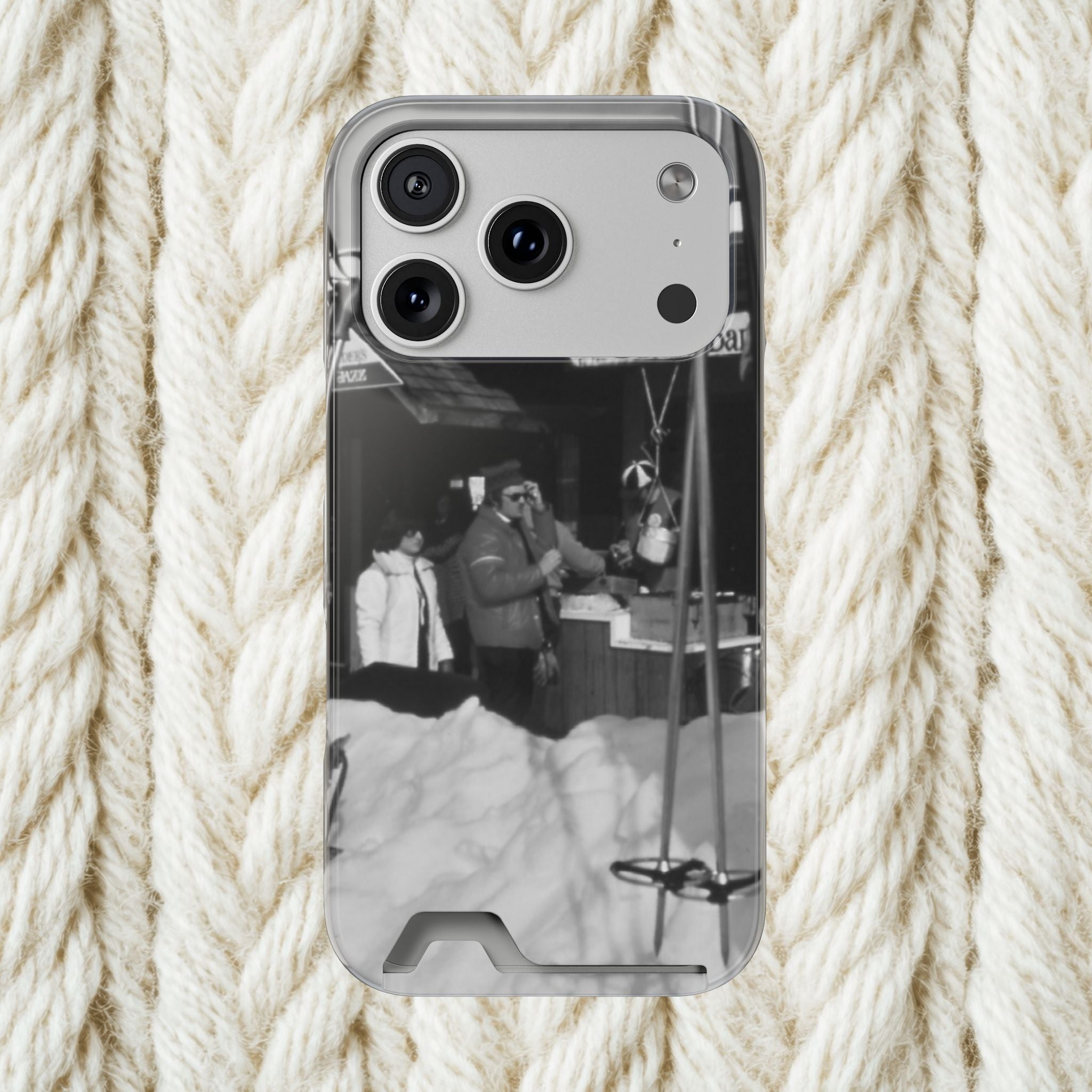 Vintage Ski Lodge Photo Phone Case with Card Holder | Black White Winter Scene Iphone 17 16 15 | Monochome americana