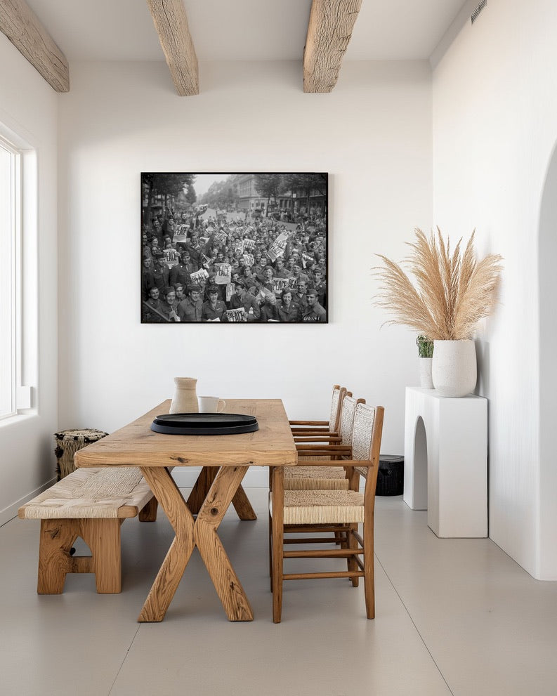 WWII Soldiers Celebrate Peace | Vintage VE Day Photograph | Historic World War II Crowd Scene | Black & White Americana Wall Art