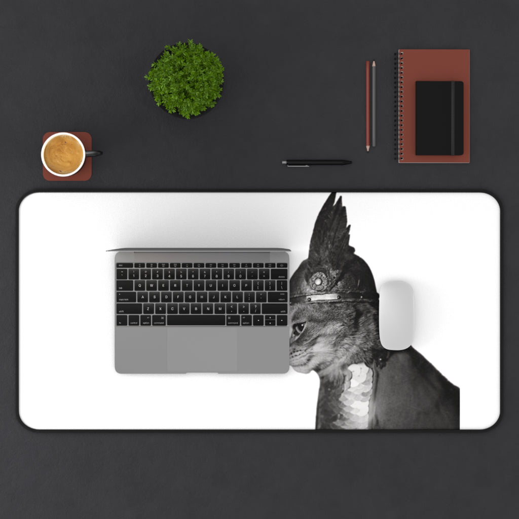 Steam Punk Monochrome  Cat Portrait Desk Mat | Antique Style Cat Illustration | cat with gladiator hat | industrial minimalism | cat dad