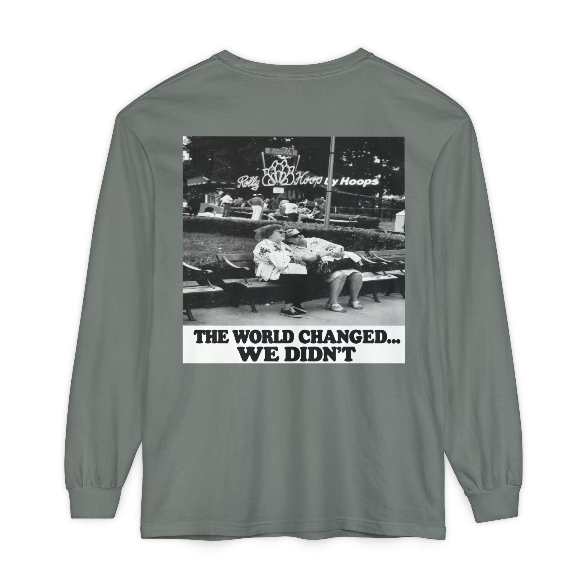 Nostalgic Americana Old Woman Sitting on Bench Long Sleeve T-Shirt | Retro Humor
